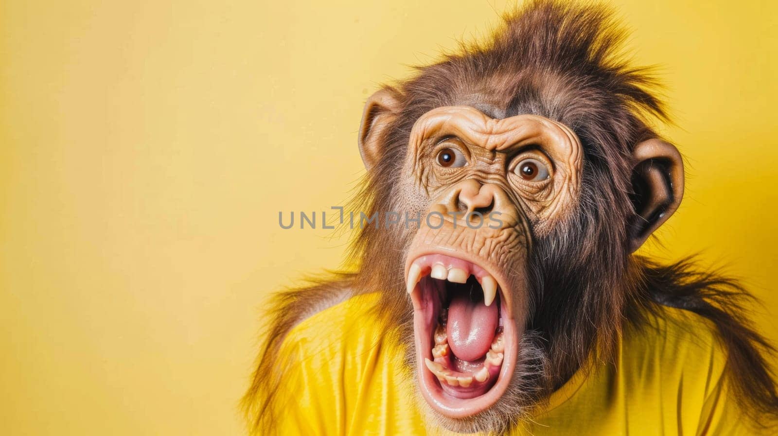 A monkey with a yellow shirt and fake teeth on