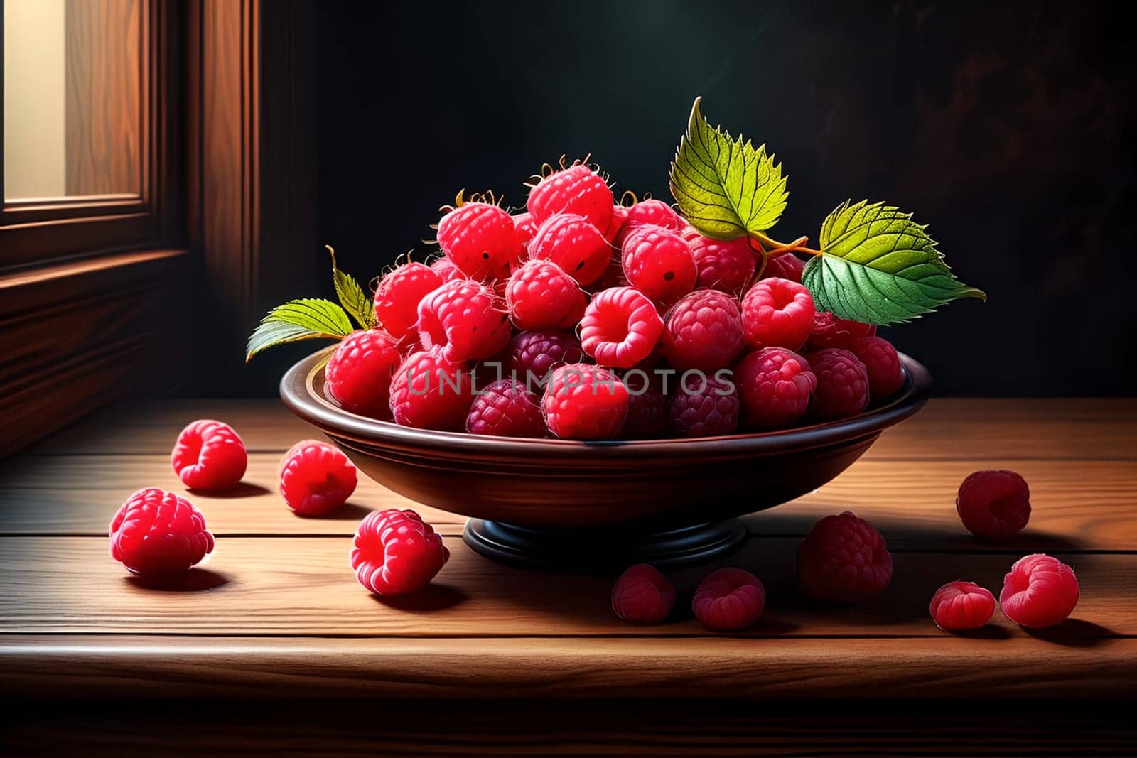 fresh raspberries on a wooden table . AI generated image.