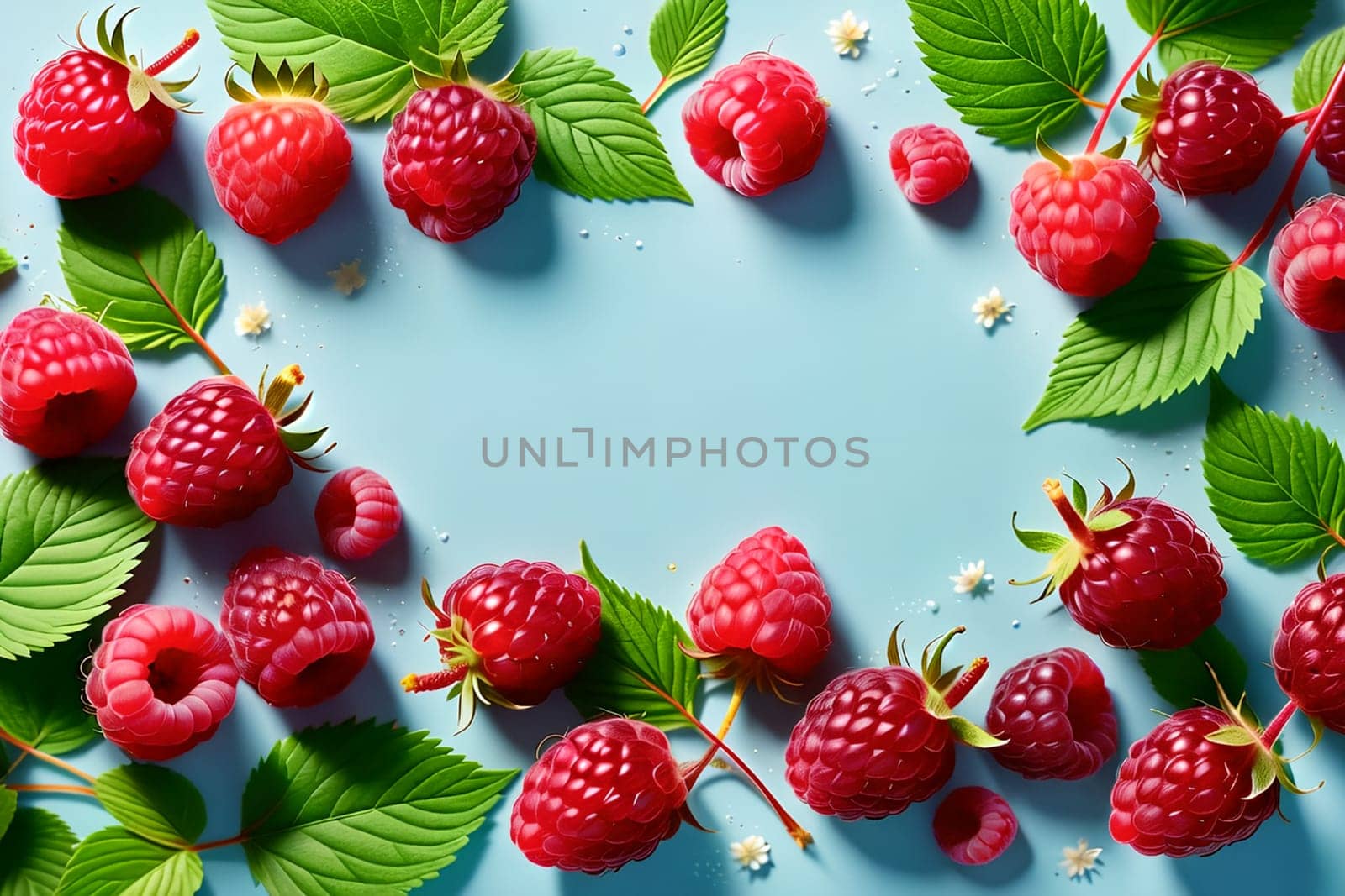 fresh raspberries on a blue background . AI generated image.