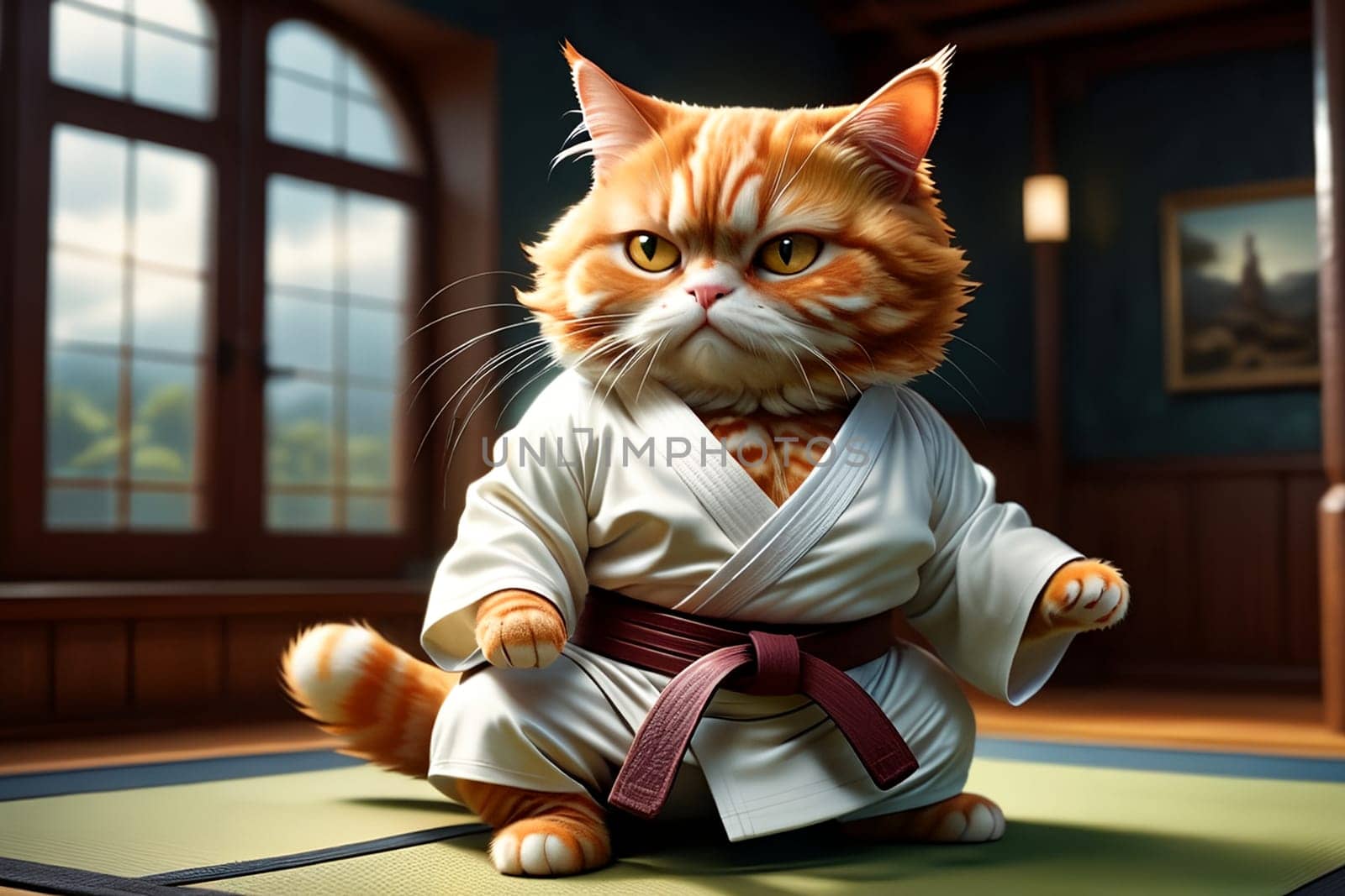 A fat cat in a T-shirt is doing sports in the gym .AI generated image.