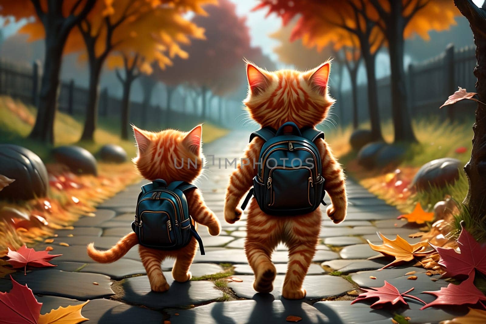 Cute cats students go to school with backpacks, autumn. AI generated image.