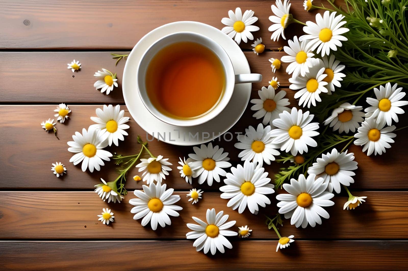chamomile tea in a glass cup with flowers. AI generated image.