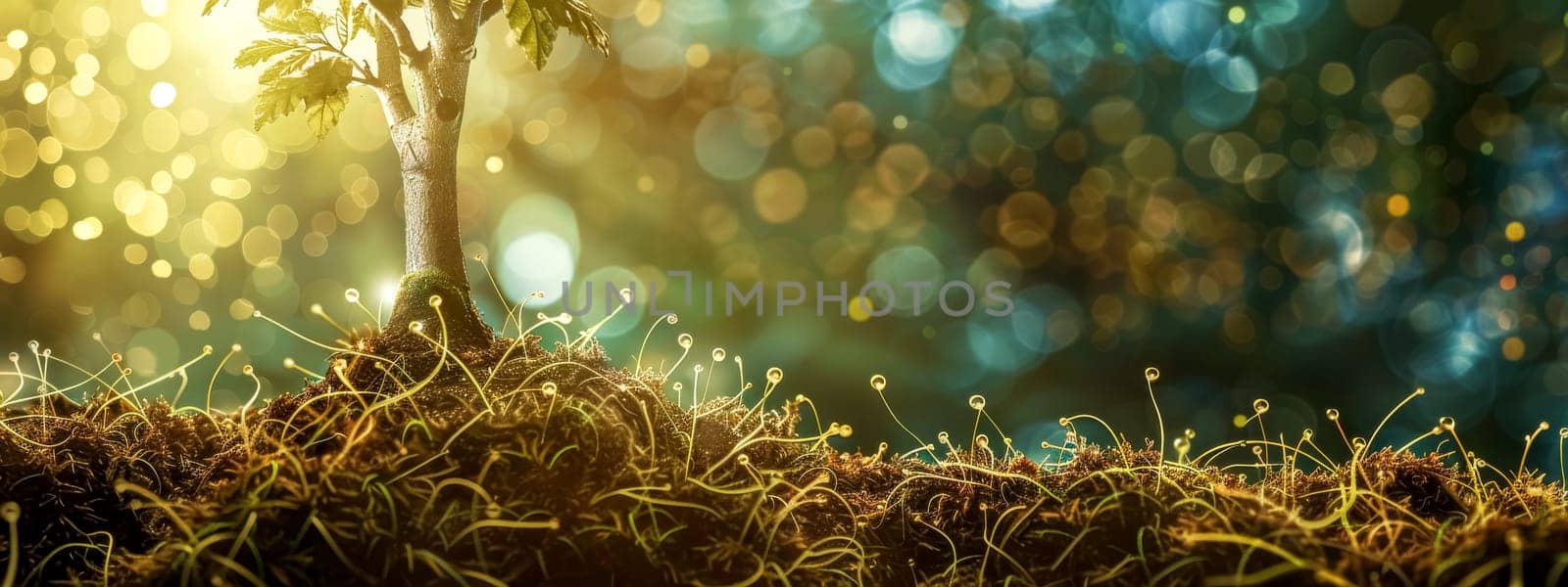 Magical bokeh lights behind a young tree surrounded by moss and fern