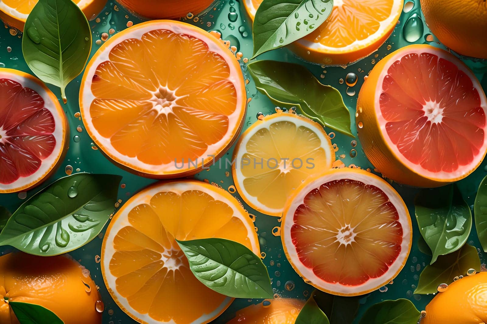 Orange and grapefruit rings as background .AI generated image.