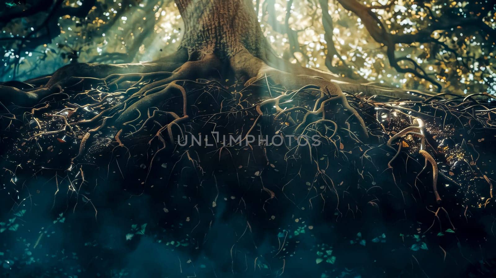 Magical scene of glowing roots and shimmering leaves in a mystical forest