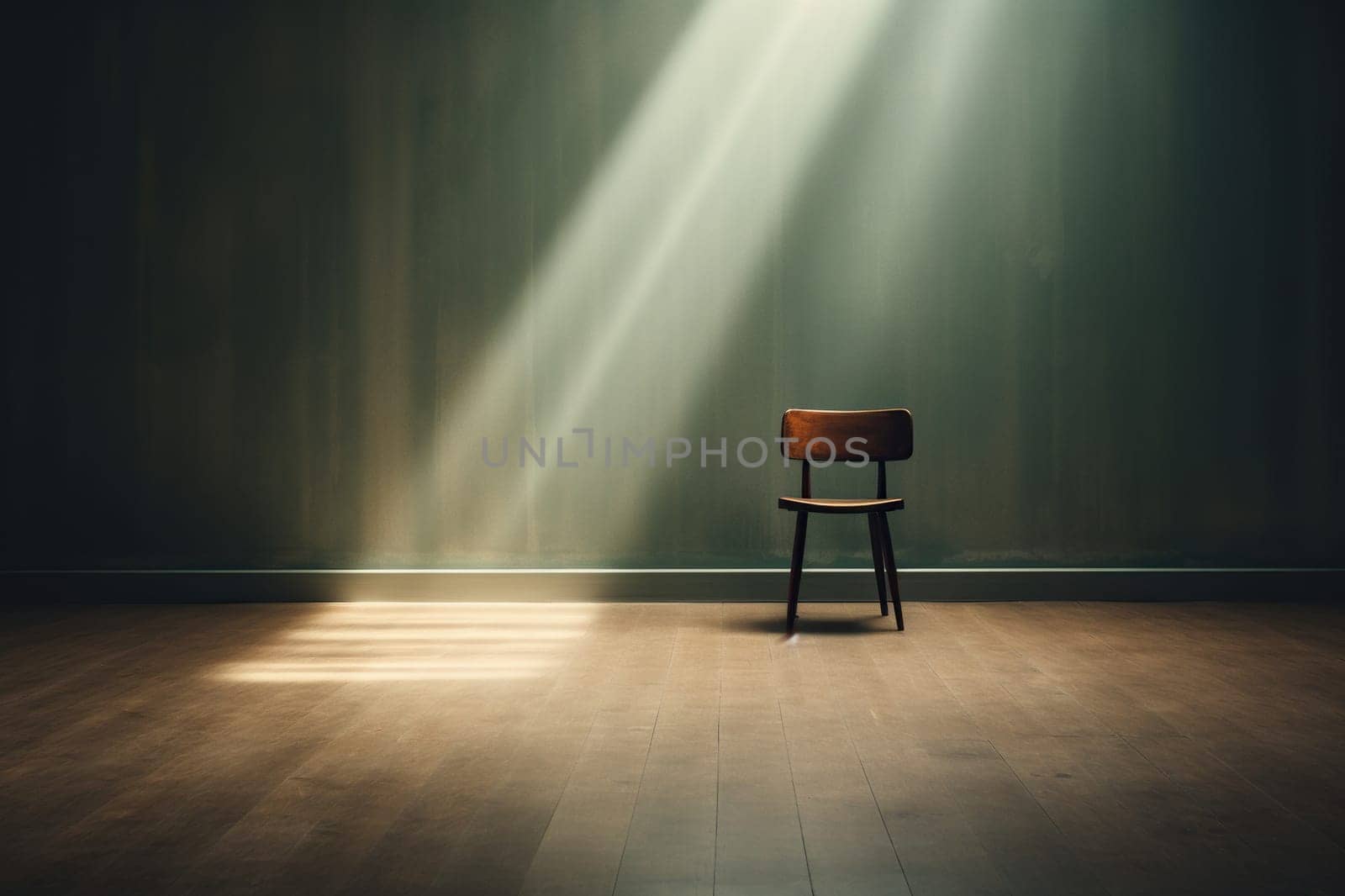 Spacious room with a green wall and one chair in the middle.