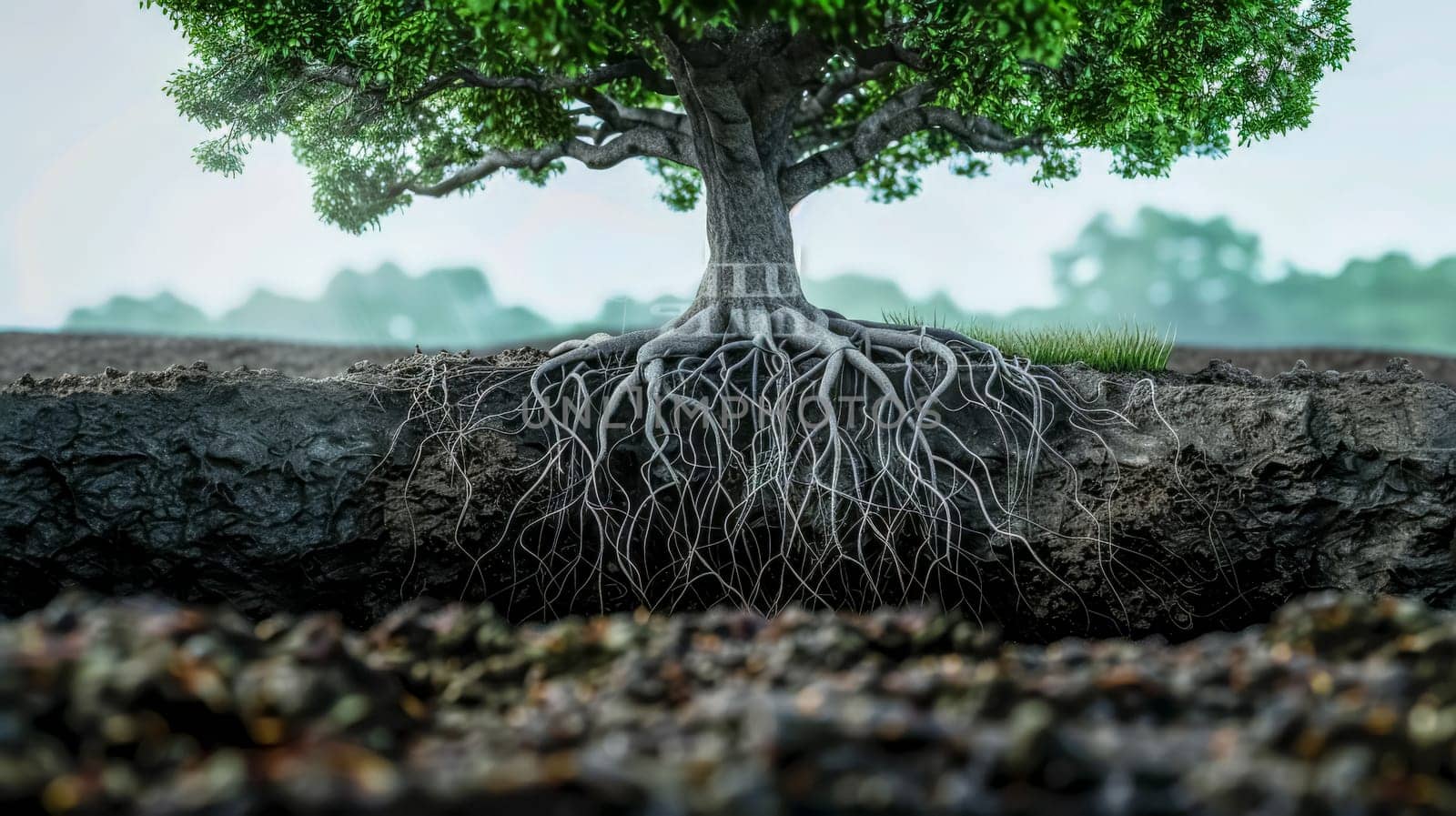 Powerful image showcasing a tree's intricate root system above ground