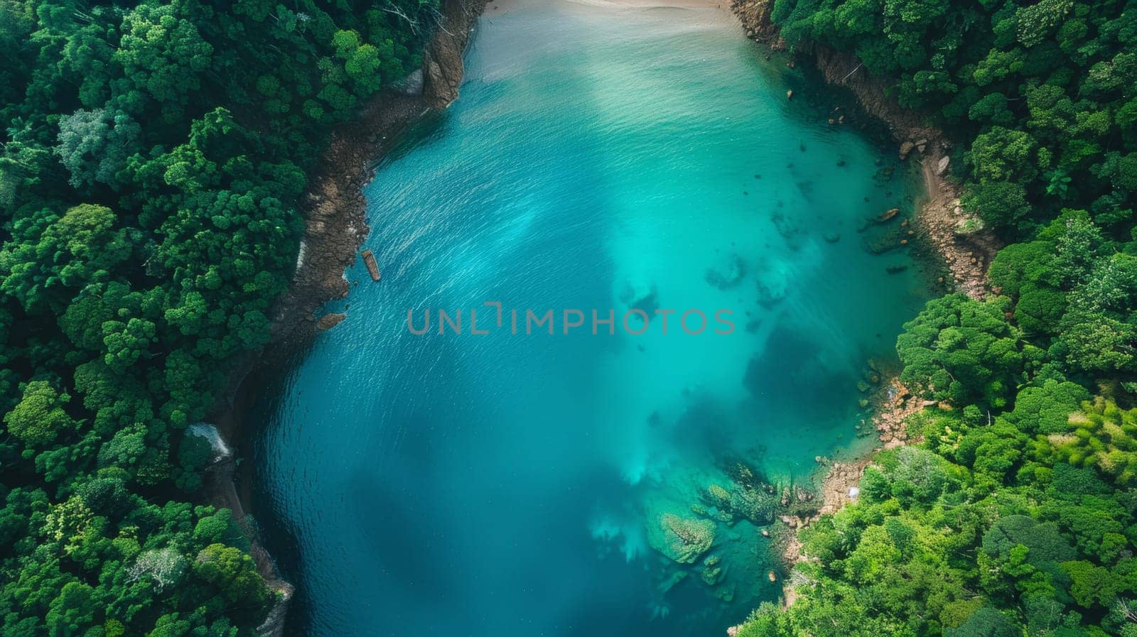 A view of a beautiful blue lake surrounded by lush green trees