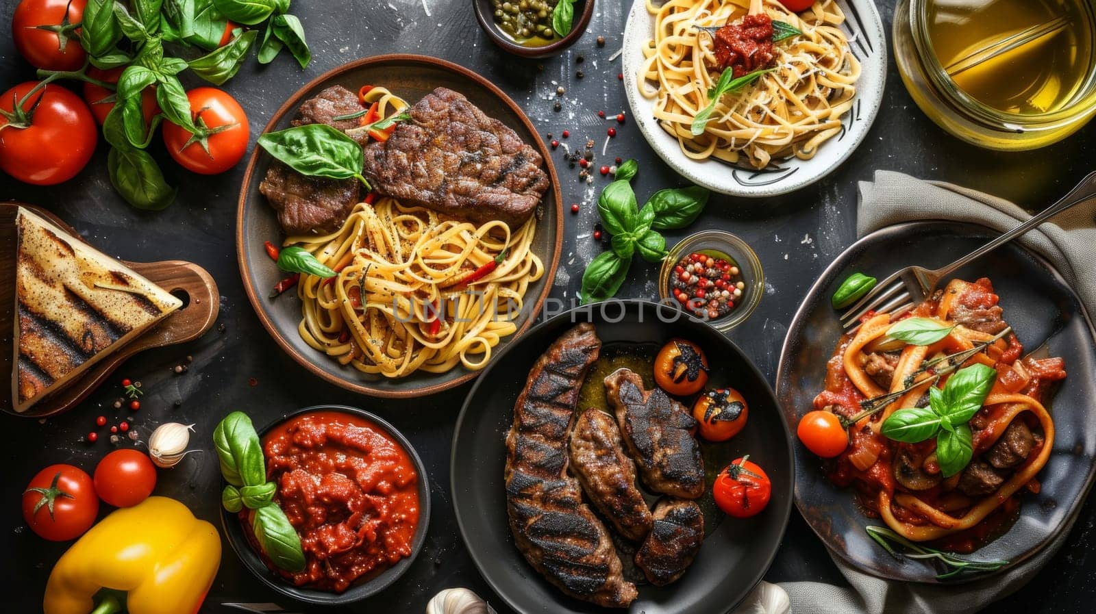 A table with plates of food and a fork