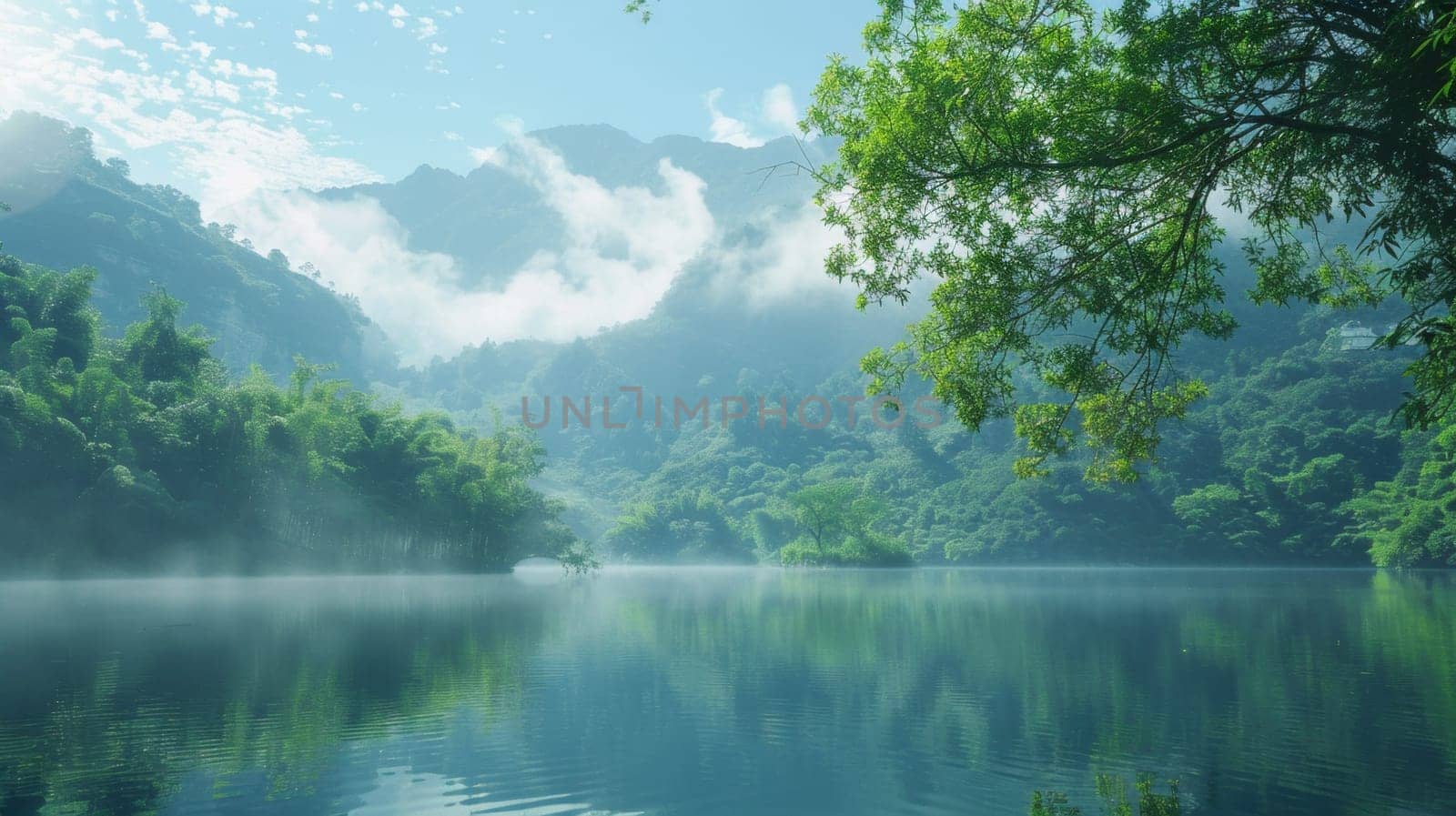 A lake surrounded by trees and mountains with mist rising from it