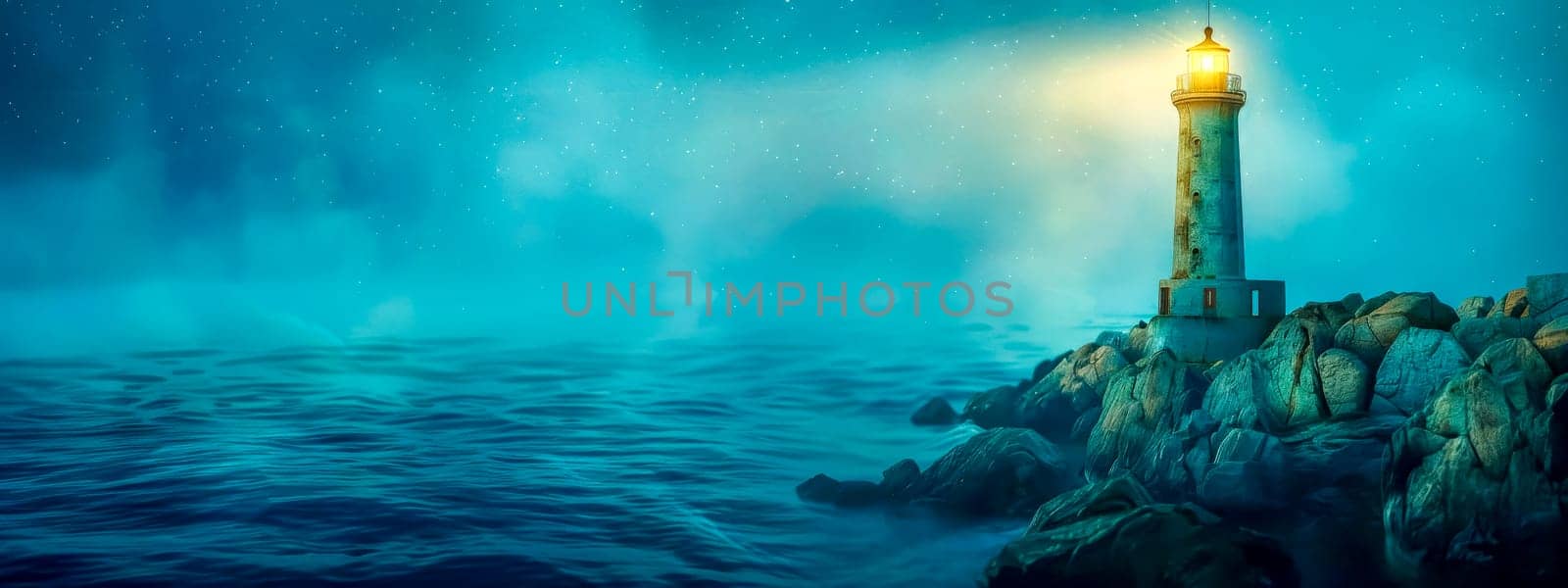 Mystical lighthouse illuminating night seascape, copy space by Edophoto