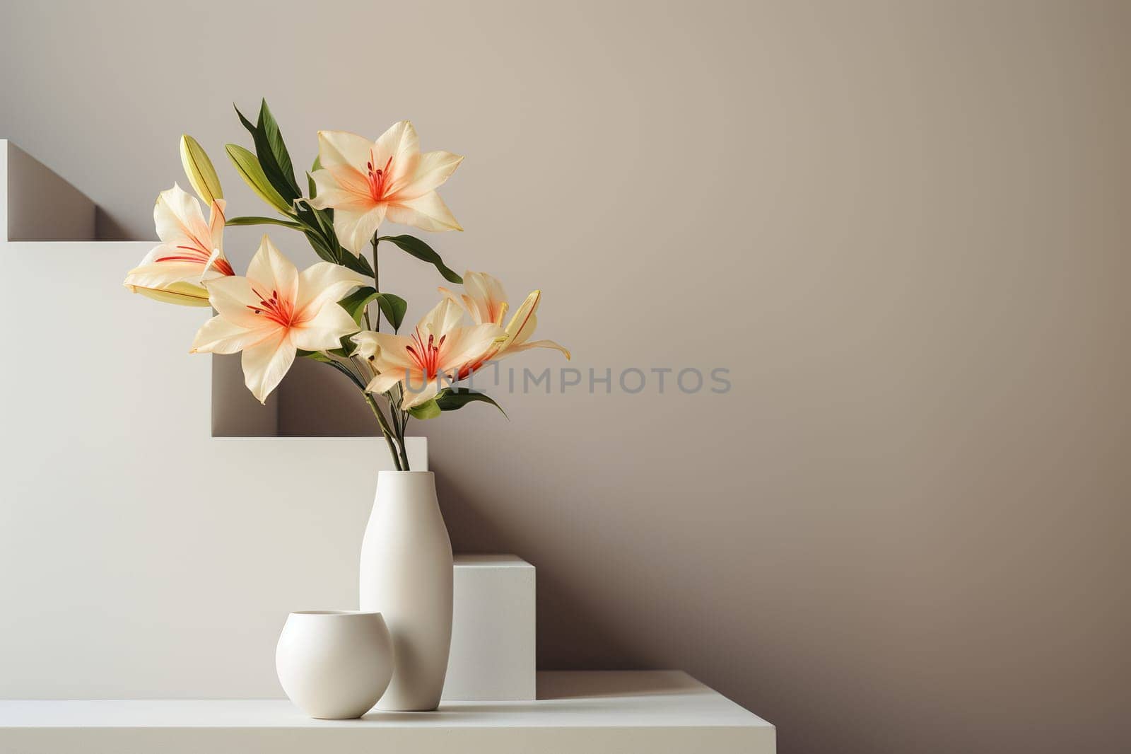 Vase with flowers near the white stairs. Minimalism in the interior.