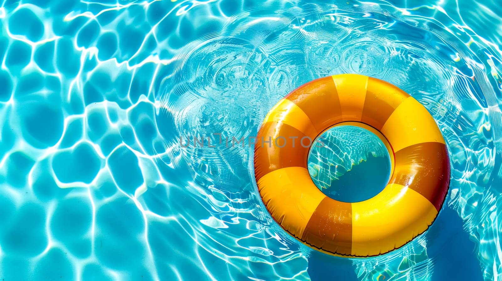 Vibrant orange float ring on the shimmering blue water of a swimming pool