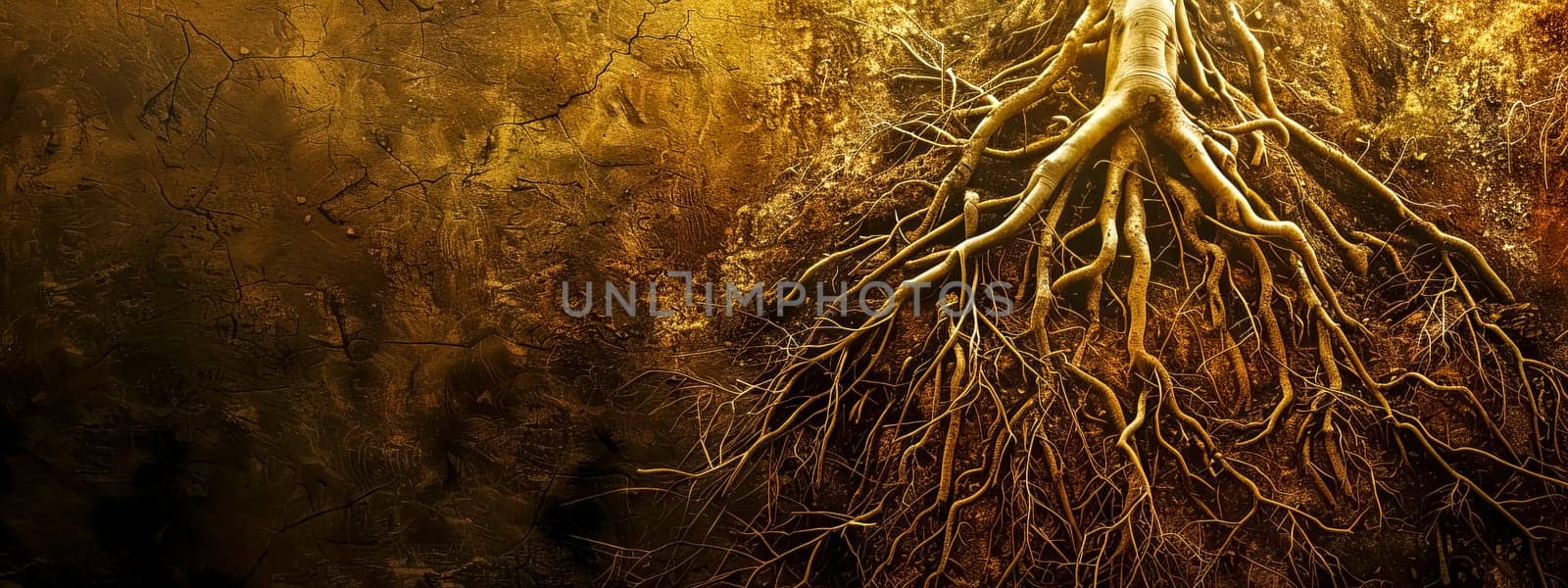 Detailed view of ancient tree roots sprawling across a parched, cracked soil background