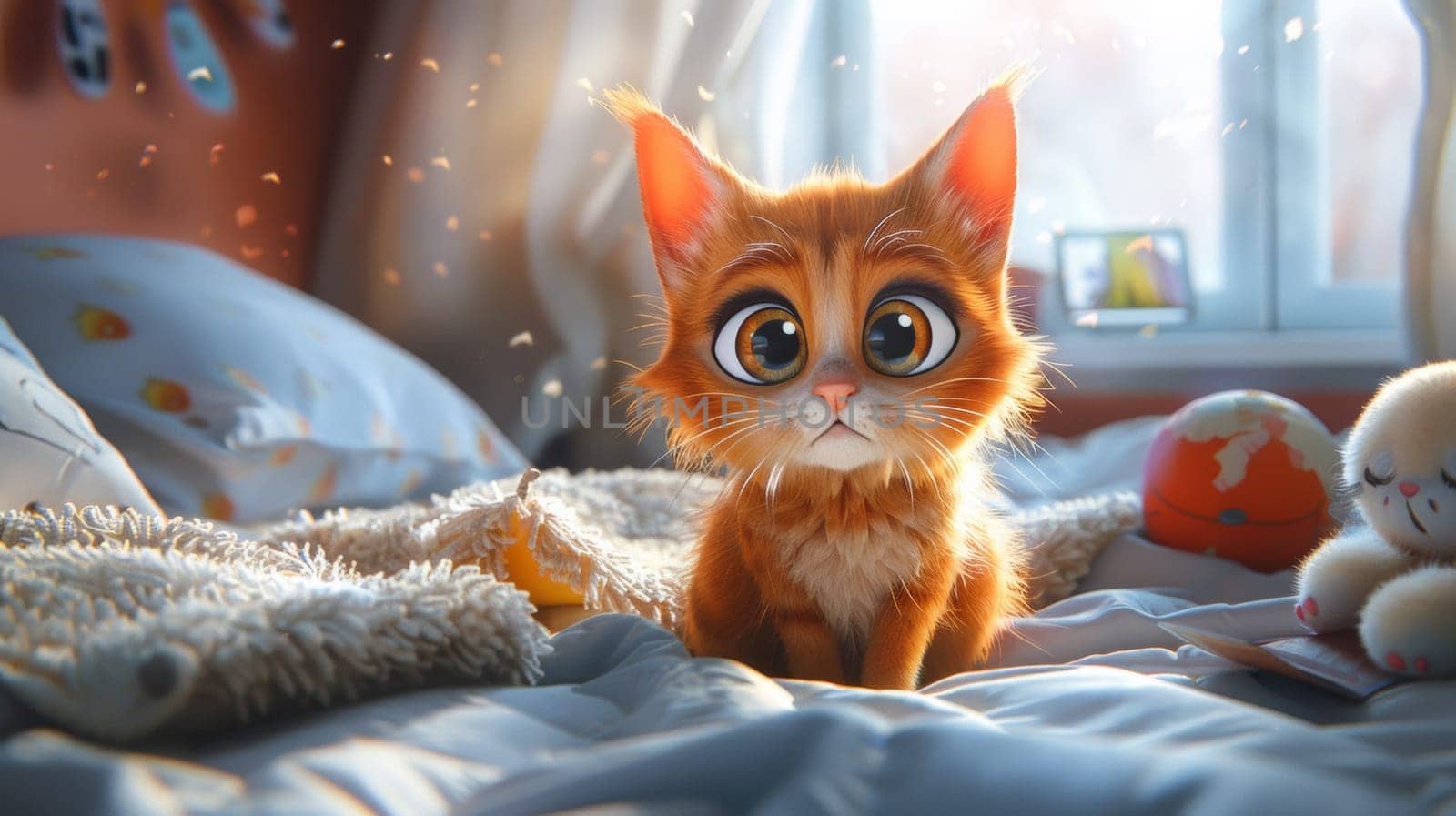 A small orange cat sitting on a bed with stuffed animals, AI by starush