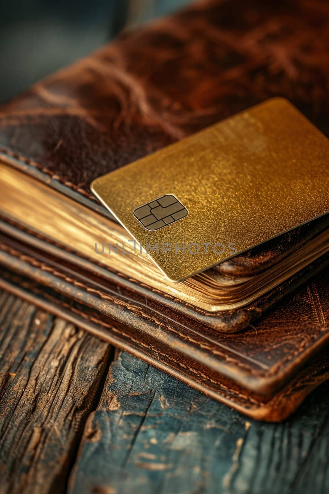 gold credit card and wallet on the table.