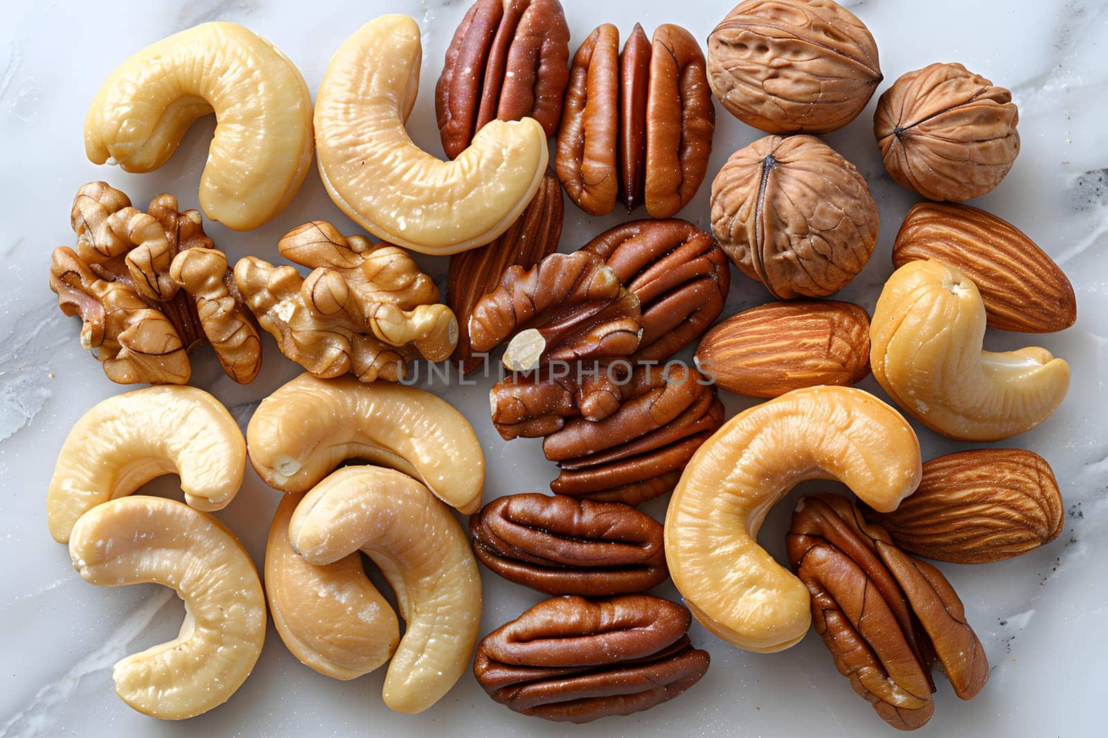 An assortment of nuts, a staple food and superfood, are arranged on a wooden table. These natural foods can be used as ingredients in various cuisines and dishes