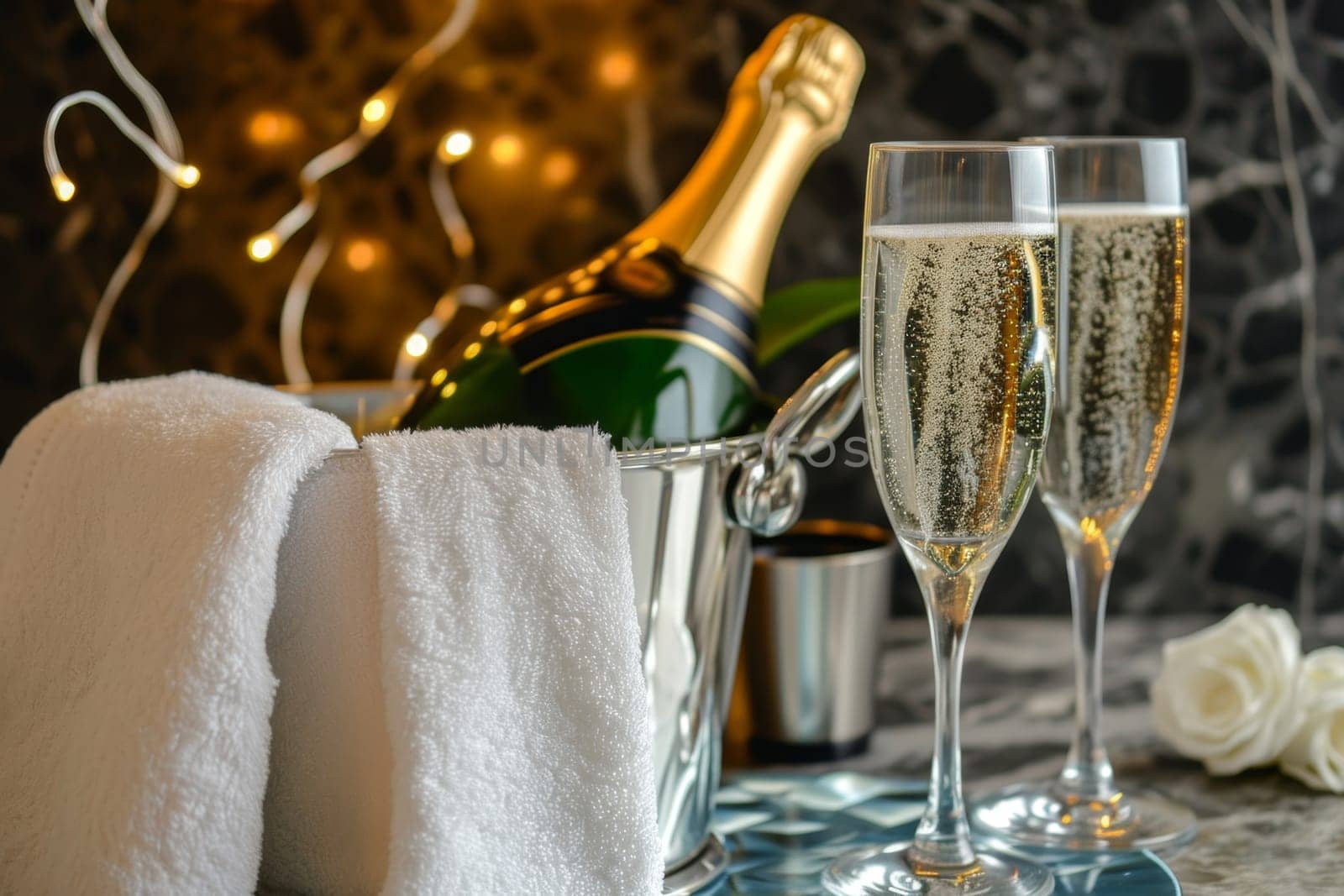 A bottle of chilled champagne in an ice bucket and two glasses on the table.