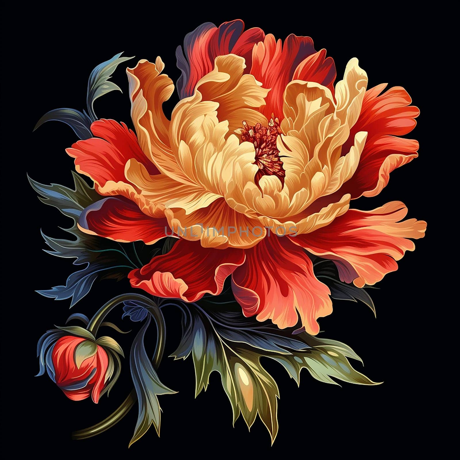 Vibrant digital artwork of a blooming red and orange flower with dark background.
