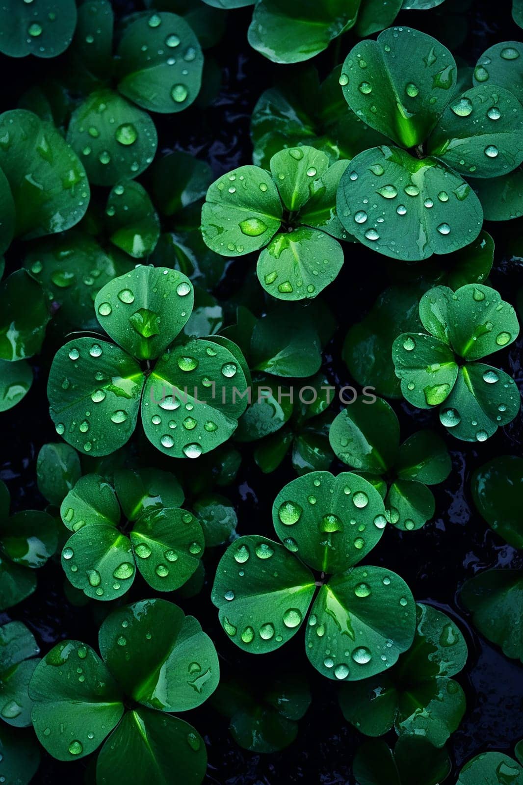 Fresh clovers with dew drops on a dark background. by Hype2art