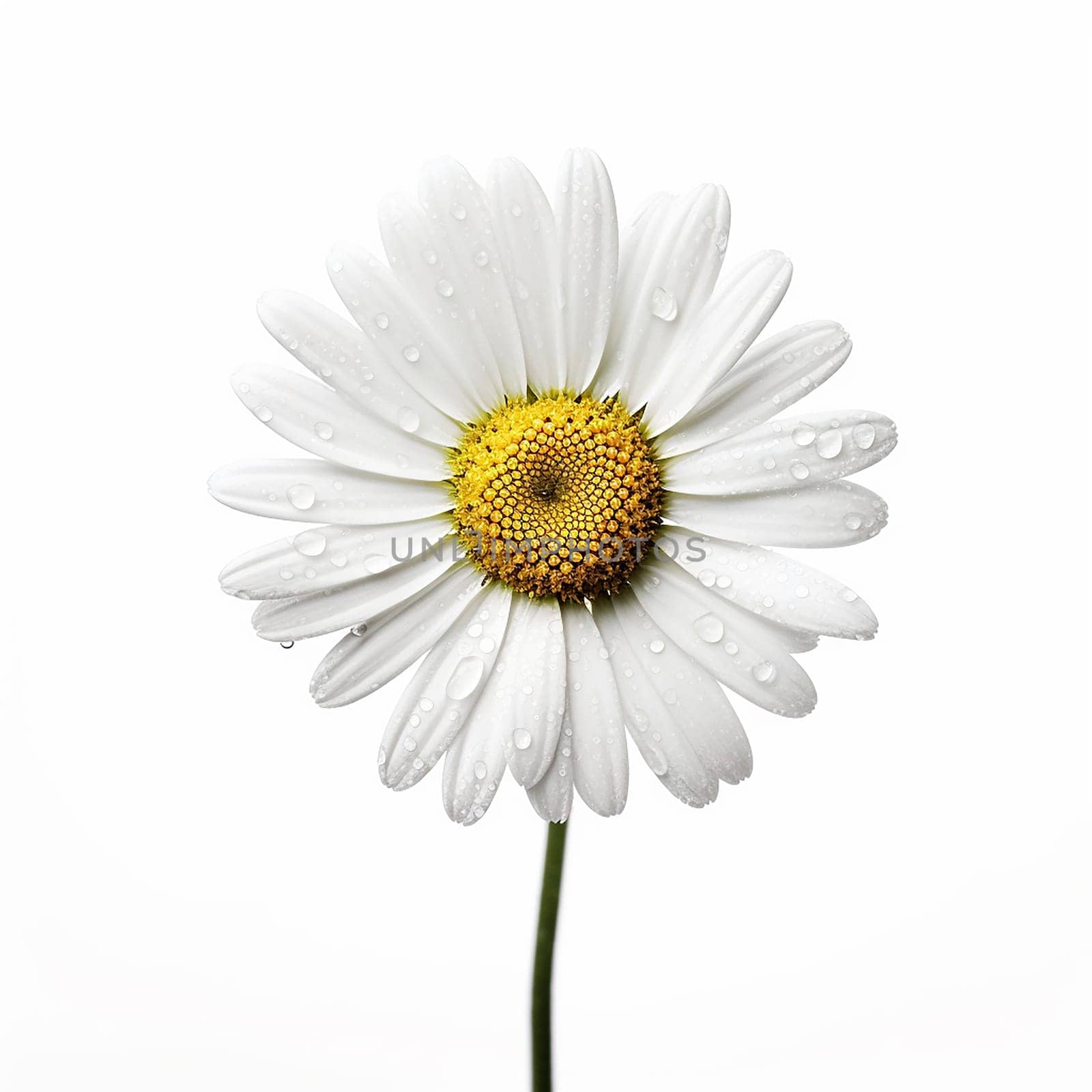 Close up of a white daisy with water droplets against a white background by Hype2art