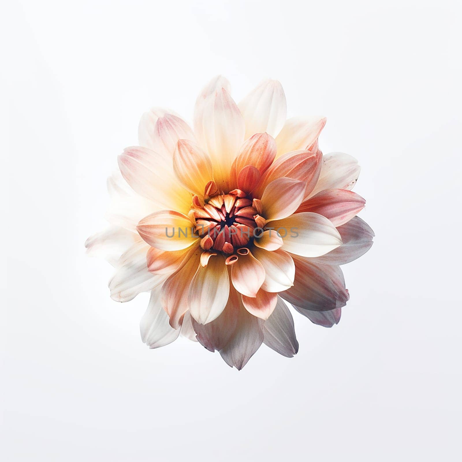An isolated delicate dahlia with gradient petals against a white background