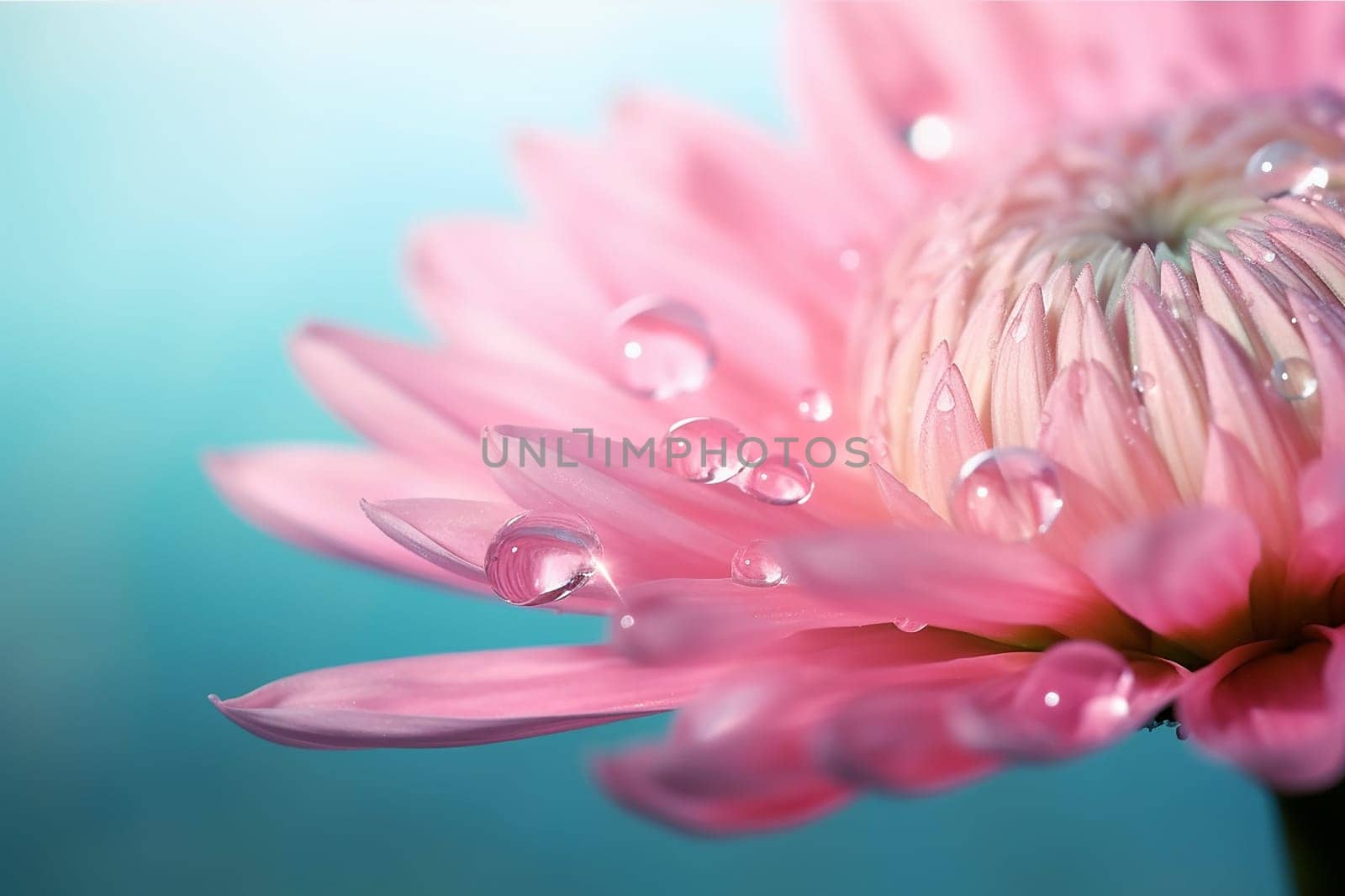 Close-up of a pink flower with dewdrops against a blue background.