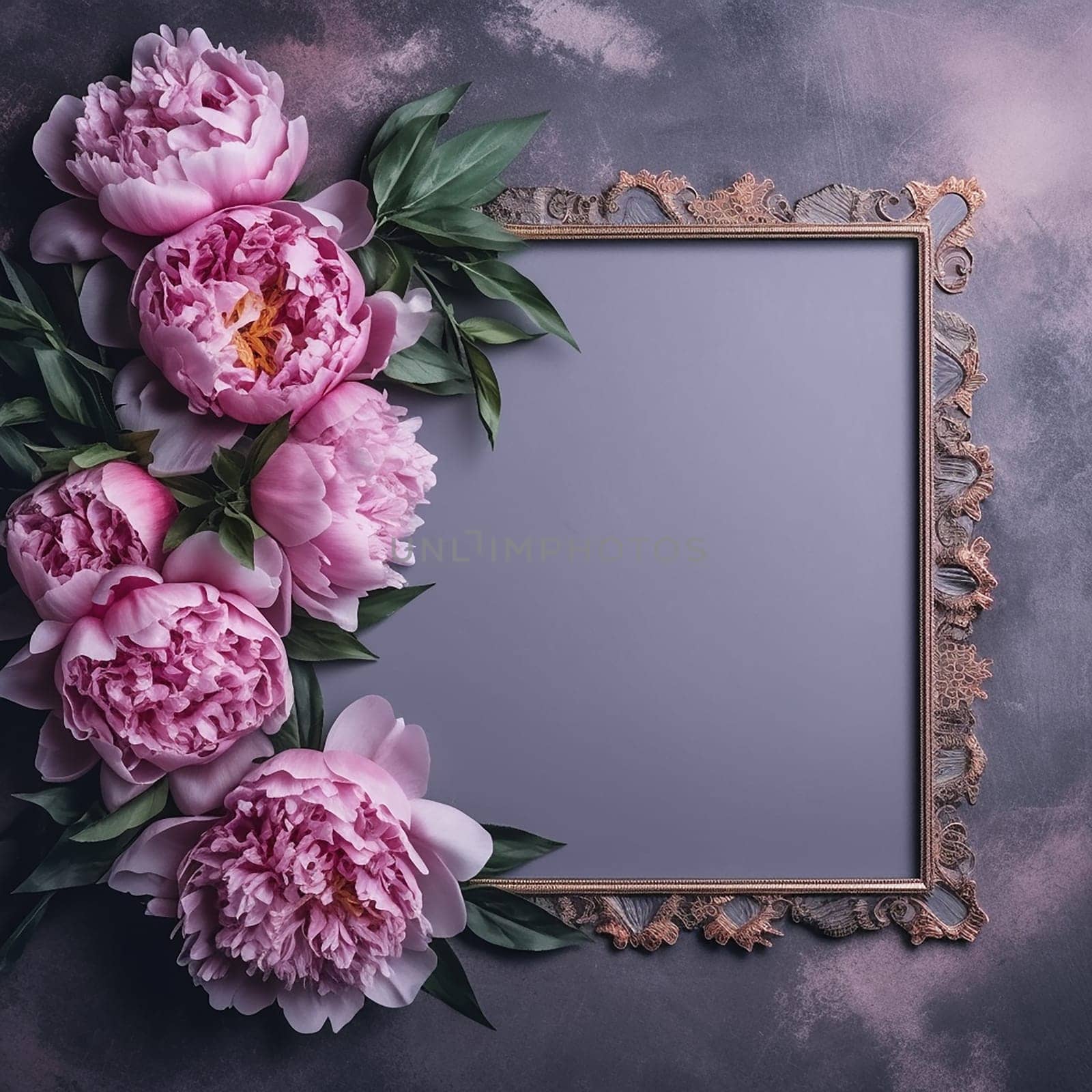 Elegant mirror framed with lush peonies on a textured background.