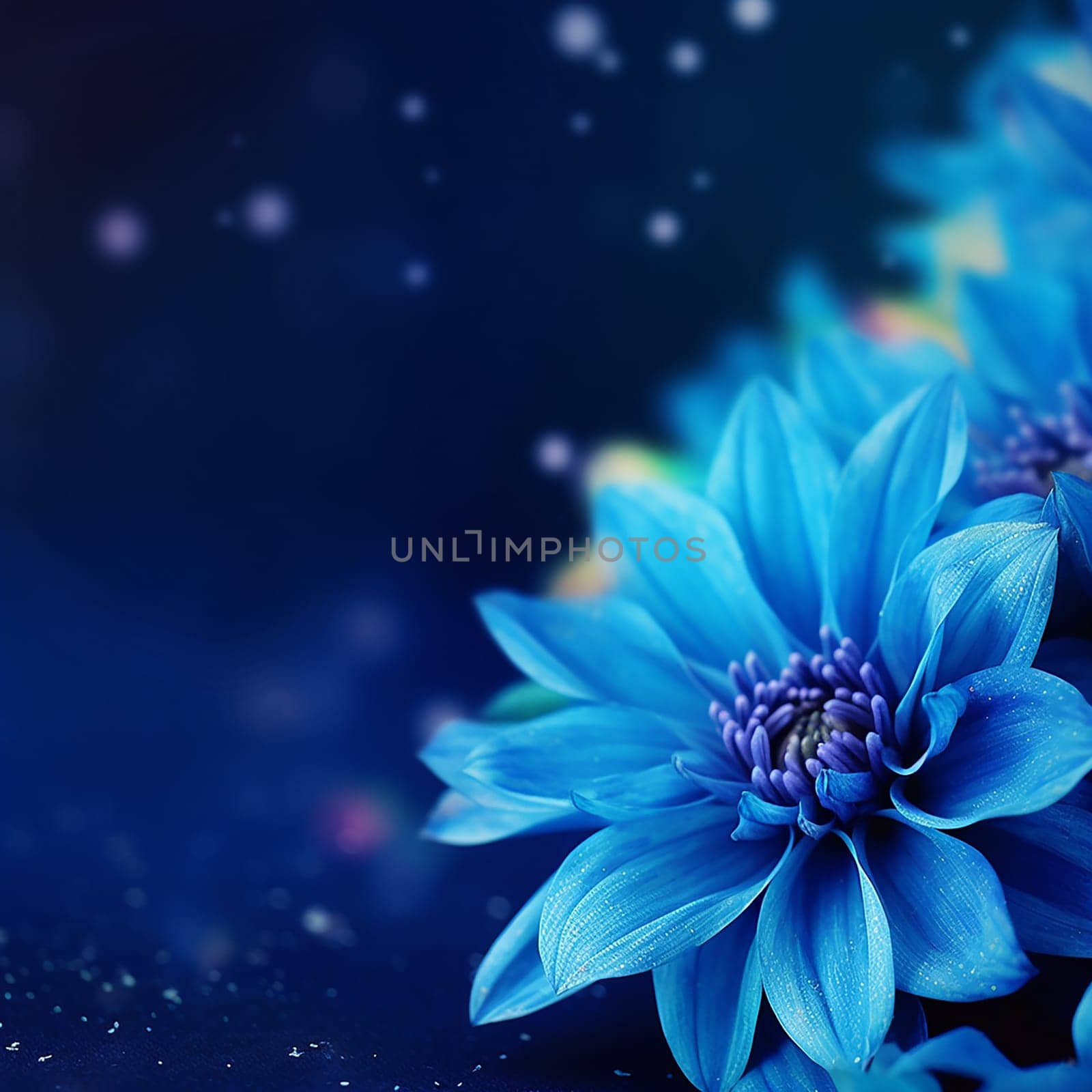 Vibrant blue flowers with a dark background, sparkles visible around petals.