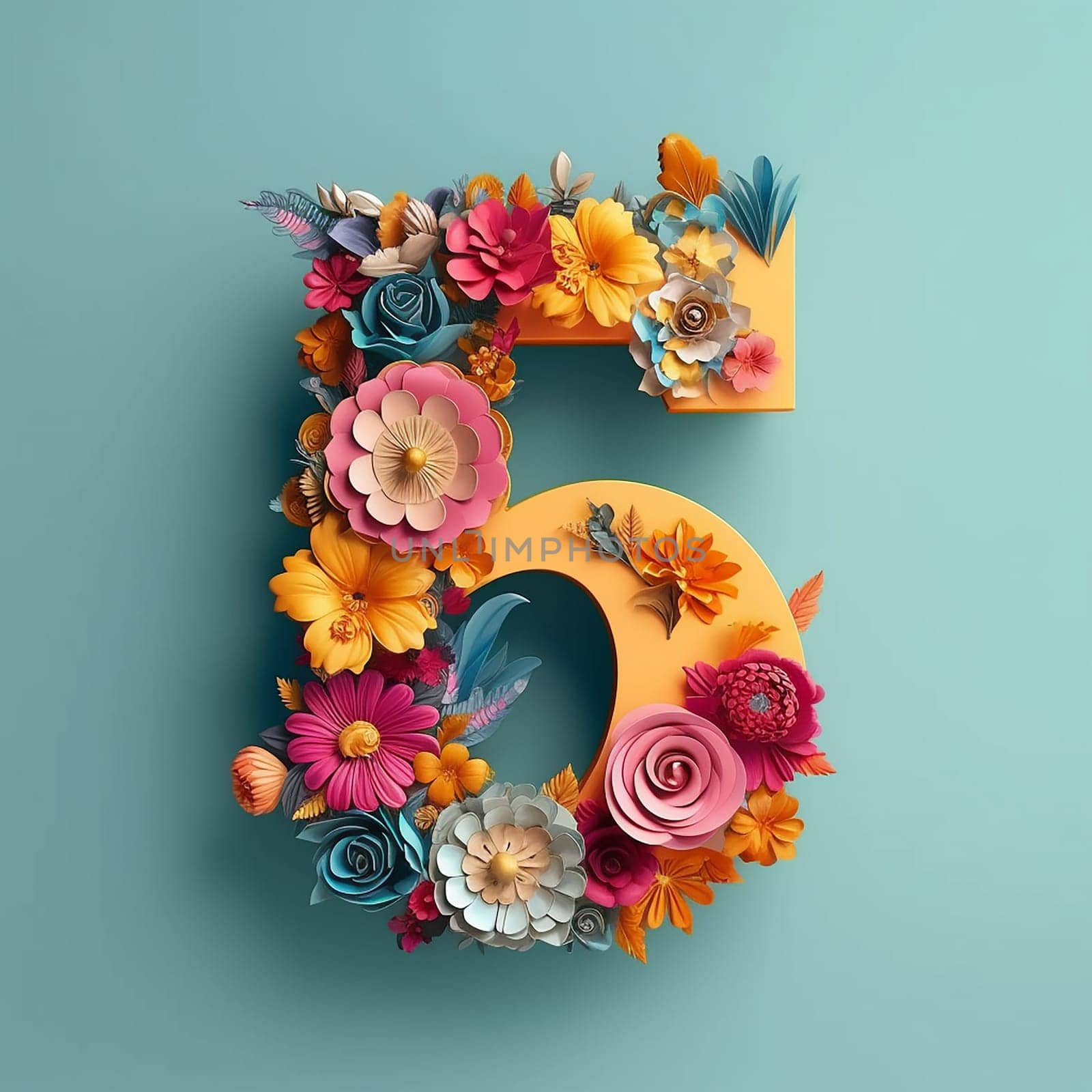 Floral decorated number five on teal background by Hype2art