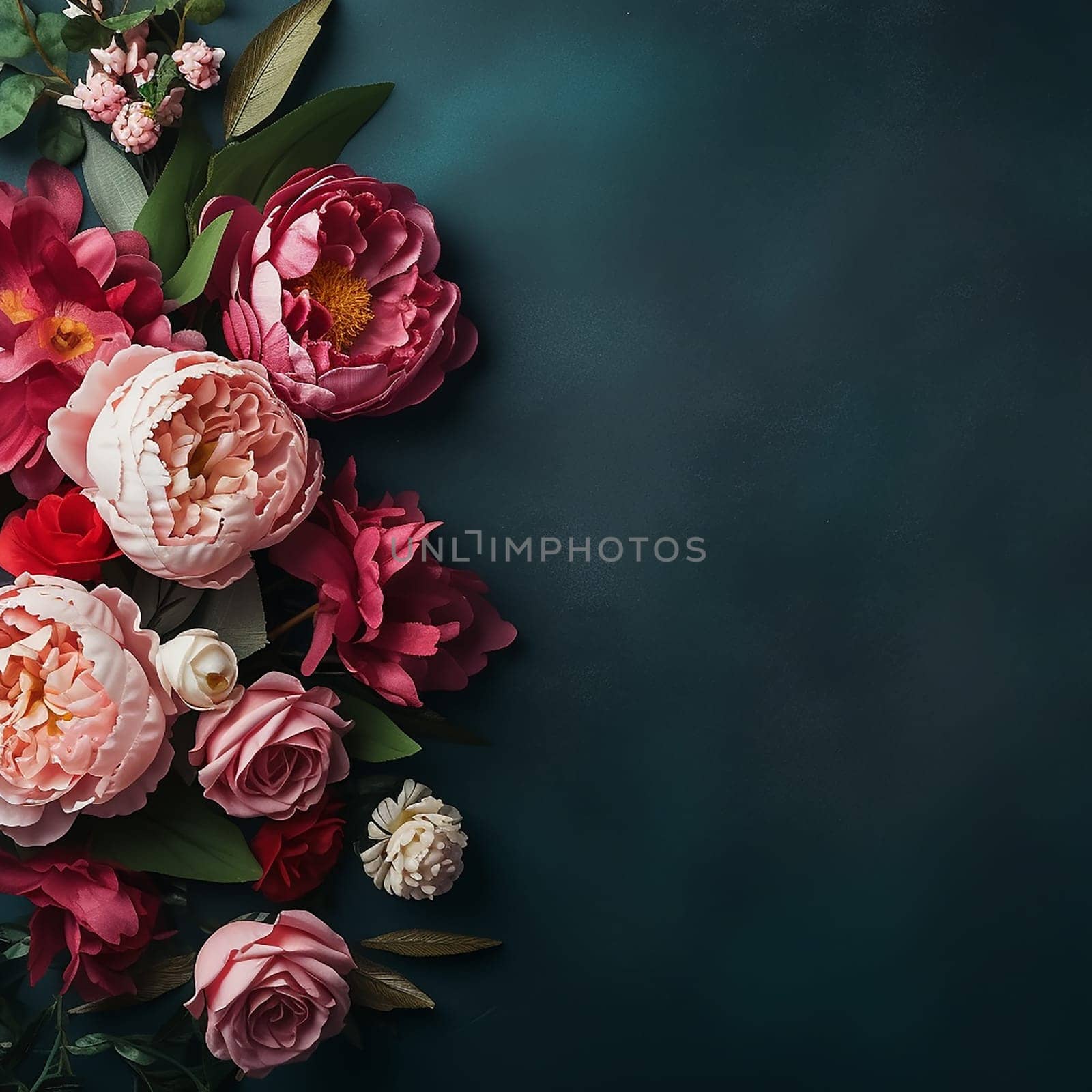 An array of vibrant flowers arranged beautifully on a dark background.