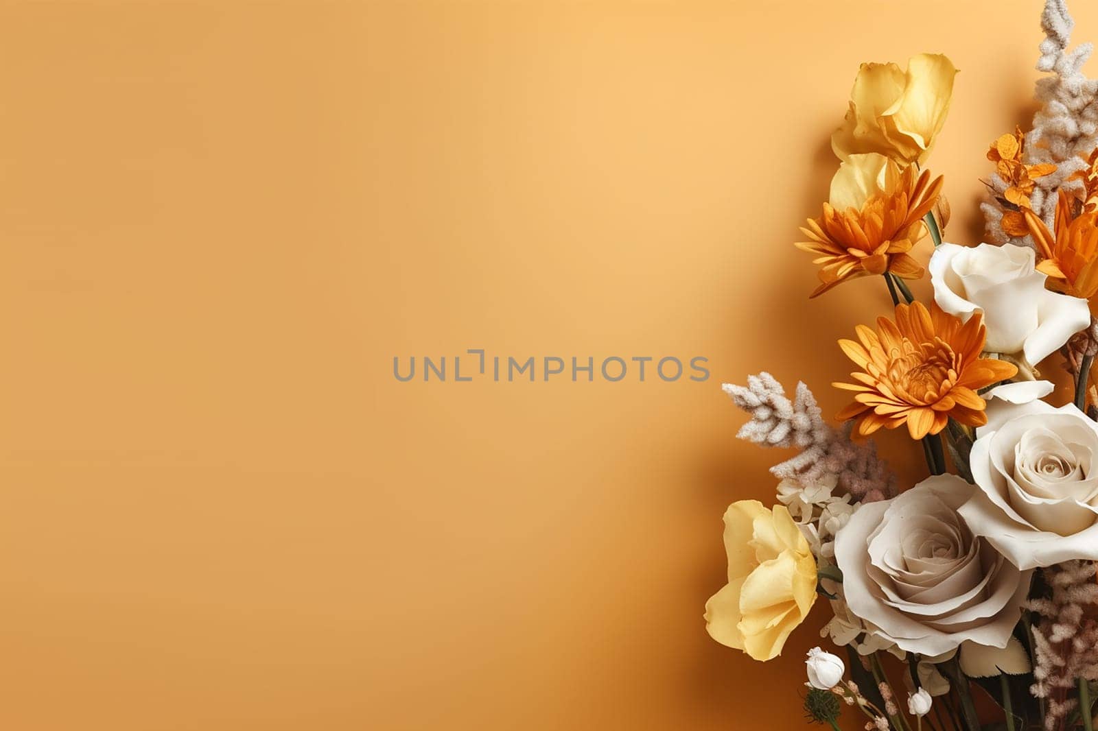 Assorted flowers arranged on a warm beige background. by Hype2art