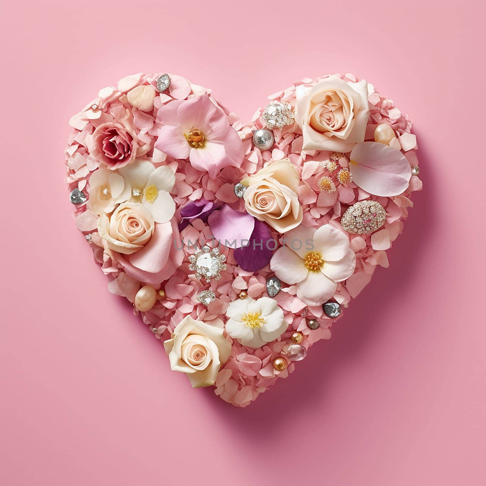 A heart-shaped arrangement of flowers and jewels on a pink background.