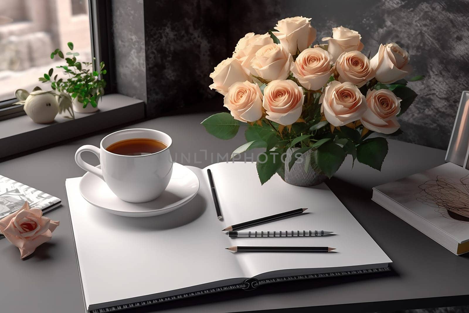A serene workspace with roses, tea, and a sketchbook