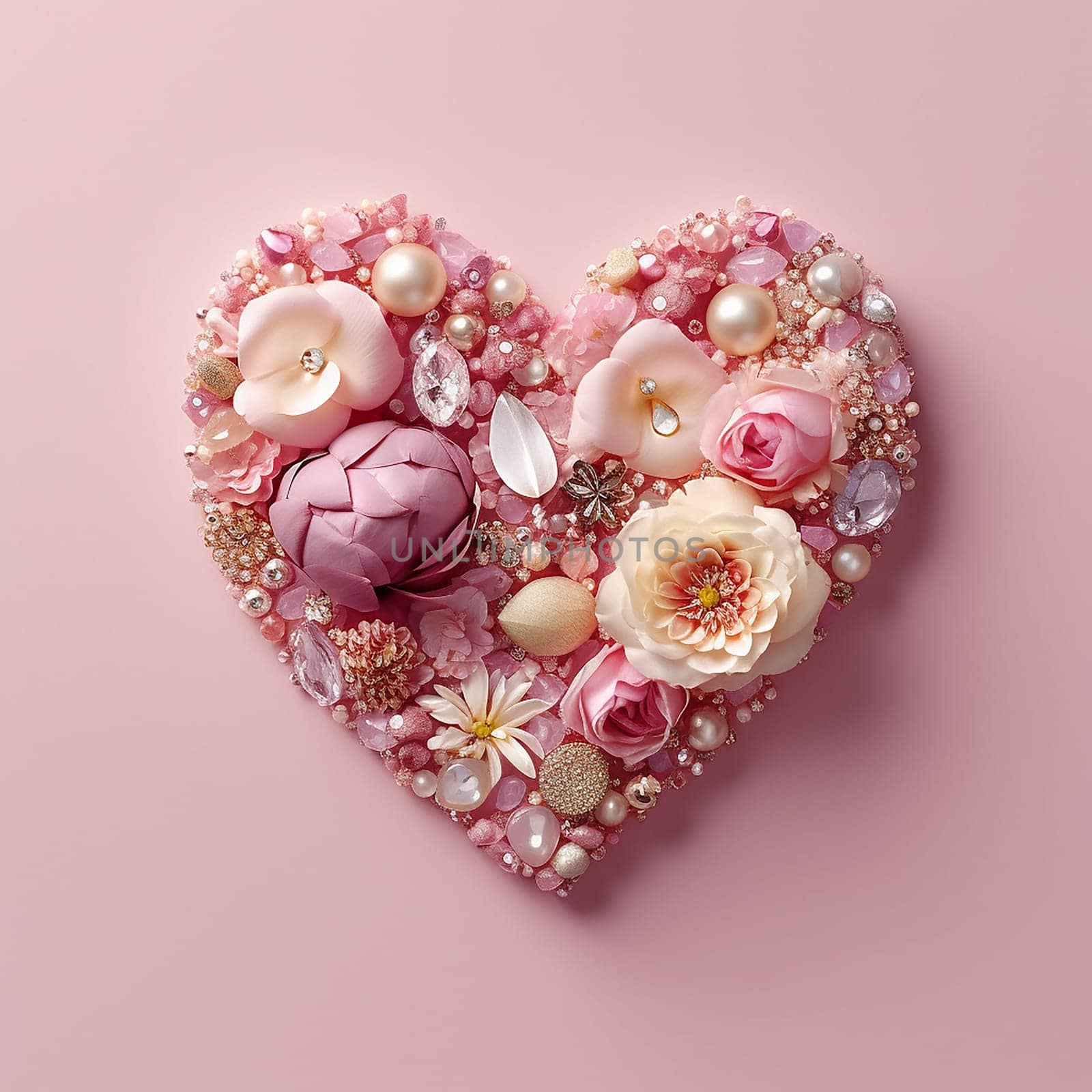Ornate heart comprised of flowers, jewels, and beads on pink background.
