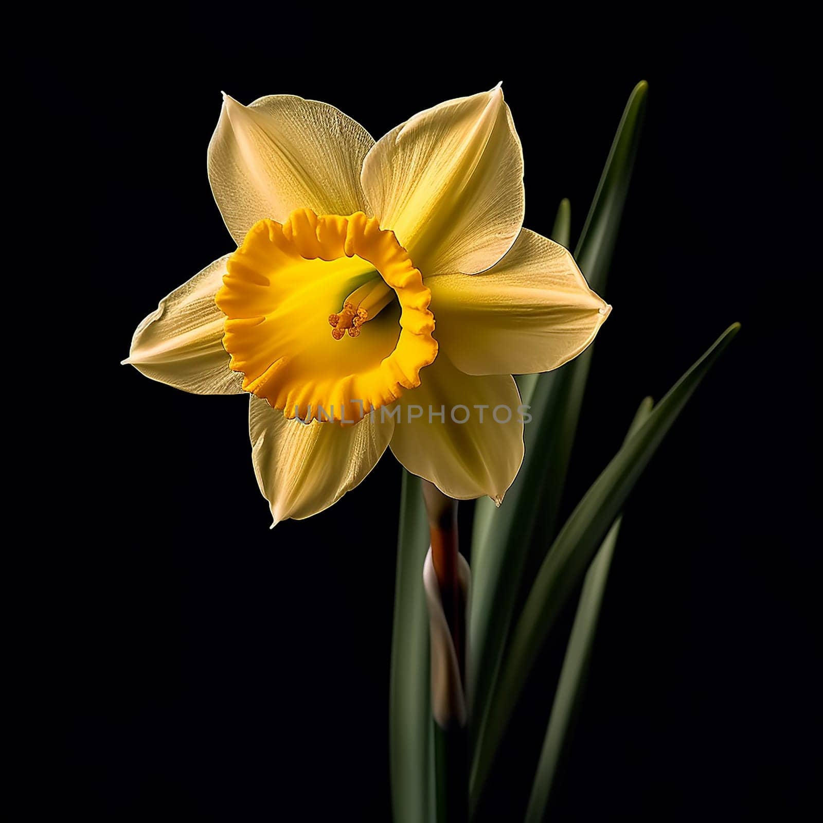 A single vibrant yellow daffodil against a black background.