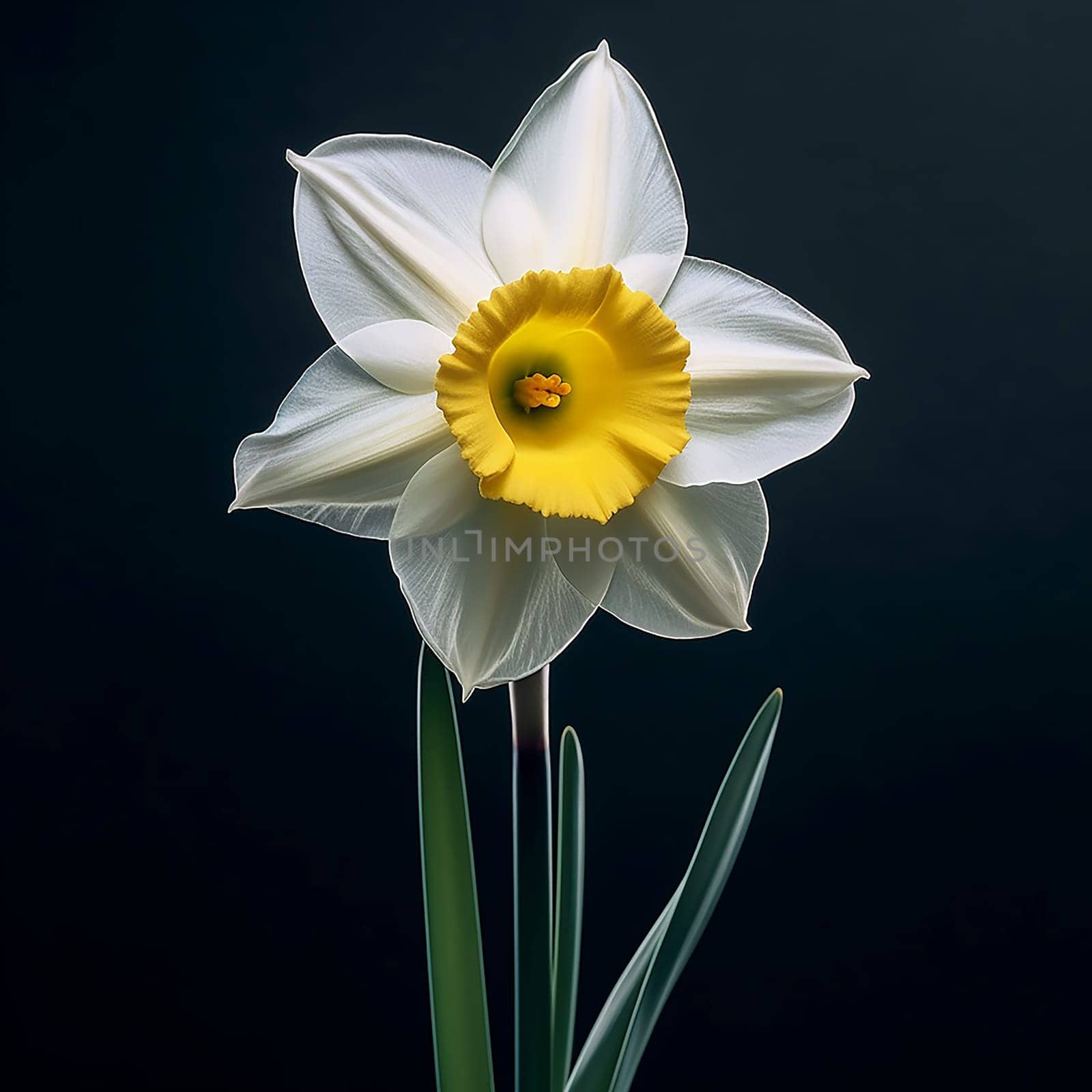 Close-up of a white and yellow daffodil against a dark background