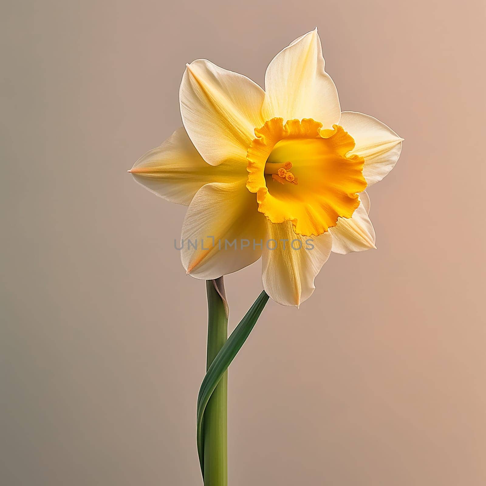 Beautiful daffodil with a vibrant yellow corona and pale petals.