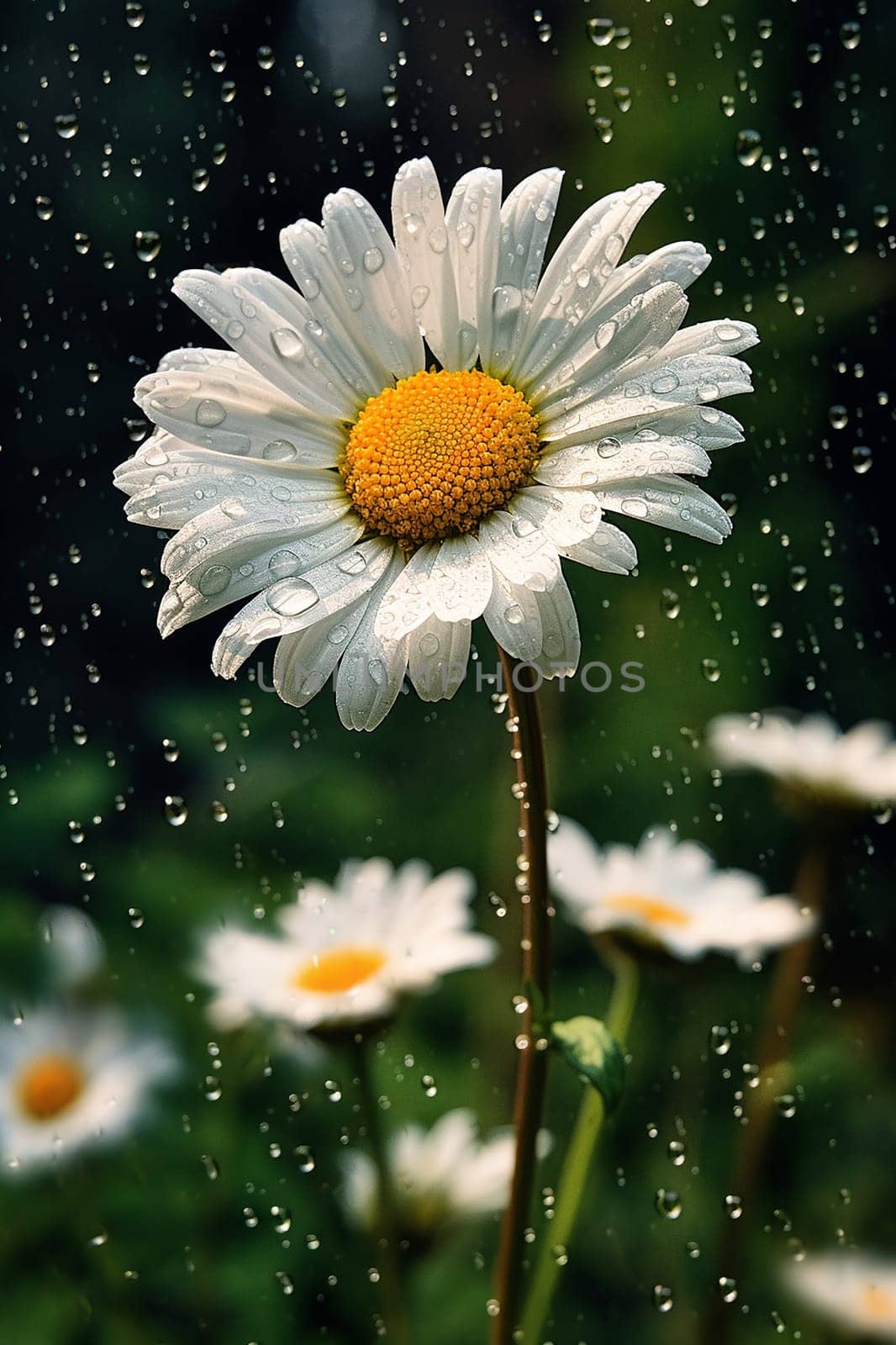 A daisy with water droplets against a blurred background.