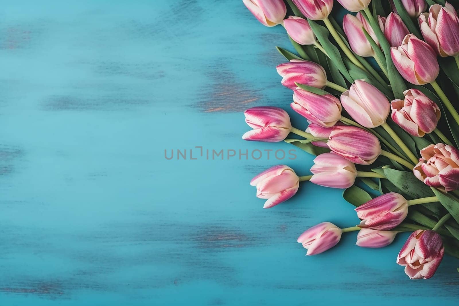 Pink tulips arranged diagonally on blue background.