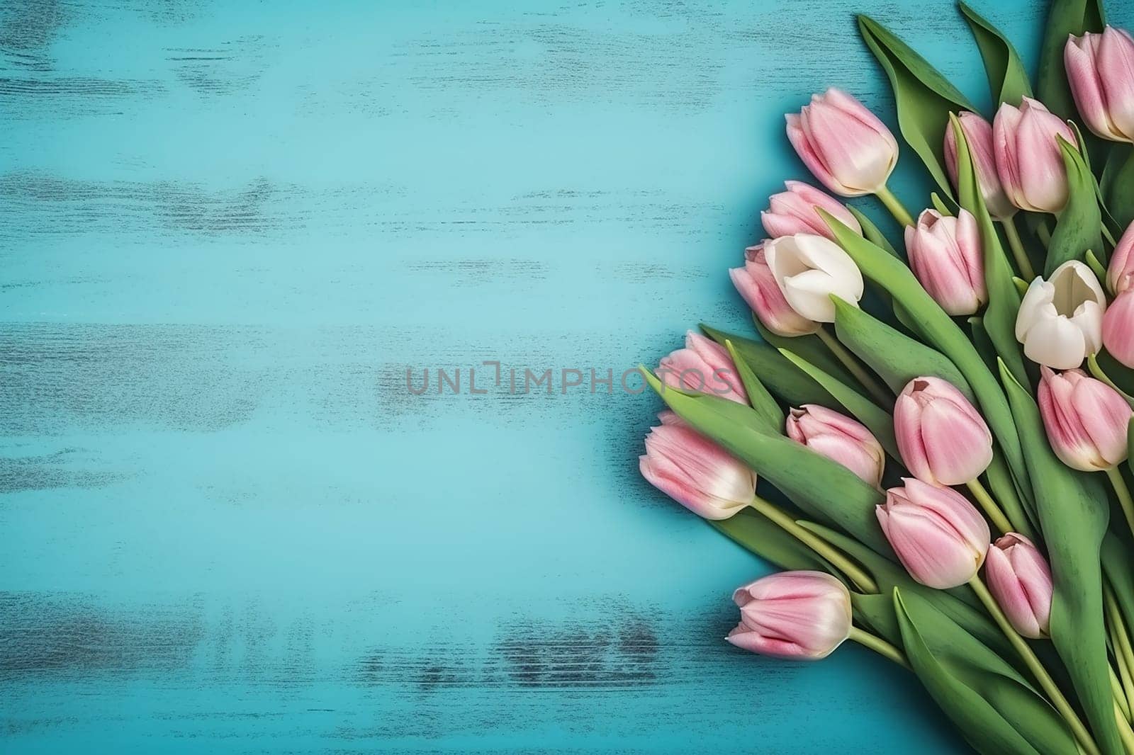 Pink and white tulips arranged on a blue wooden background.