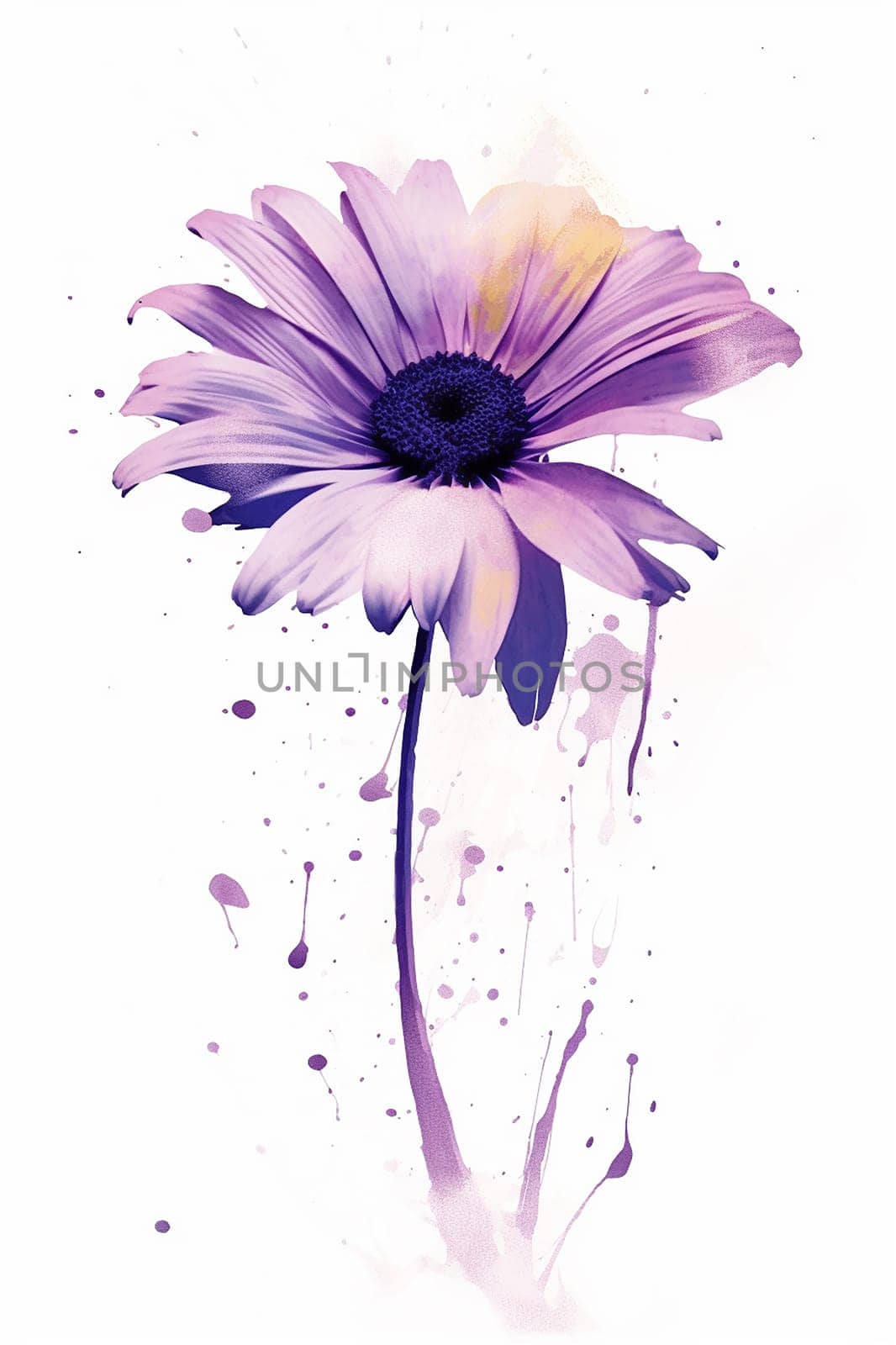 A stylized purple daisy with watercolor splashes.