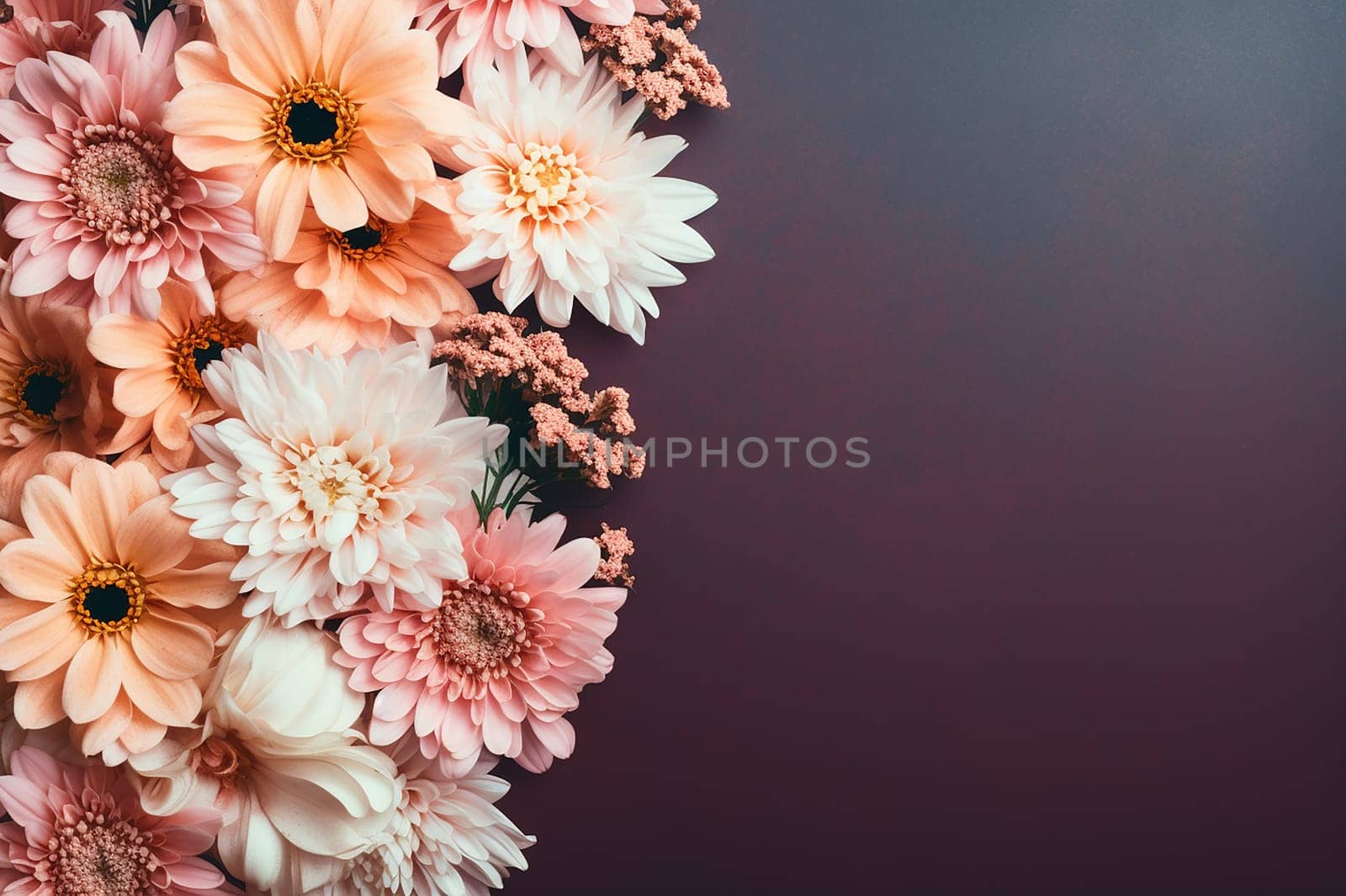 Assortment of beautiful flowers on a gradient background.