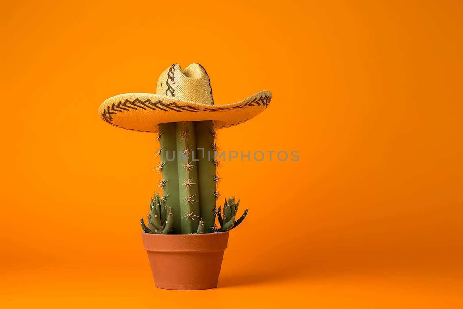 Cactus wearing sombrero against orange background.
