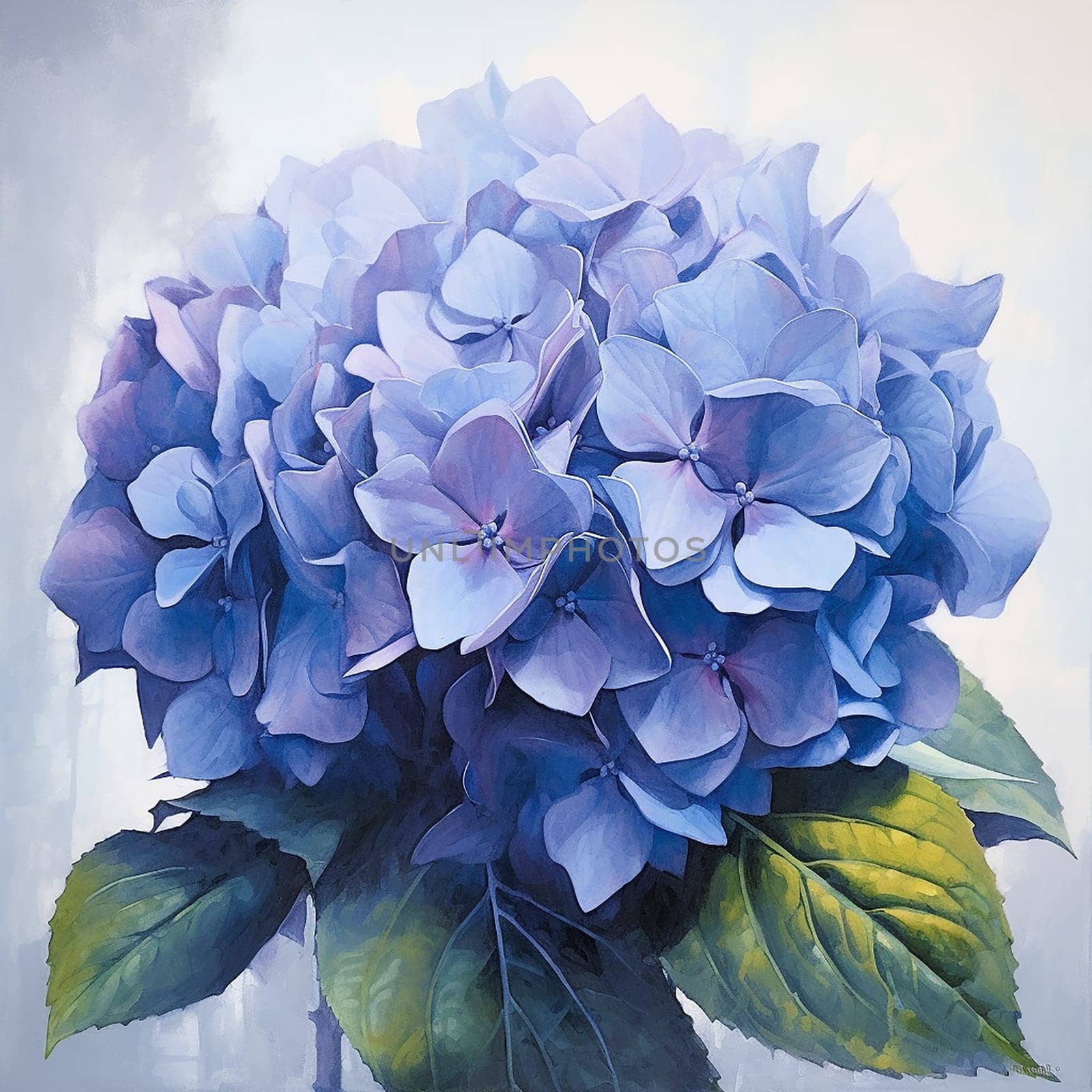 A vibrant painting of a blue hydrangea with detailed petals and leaves. by Hype2art