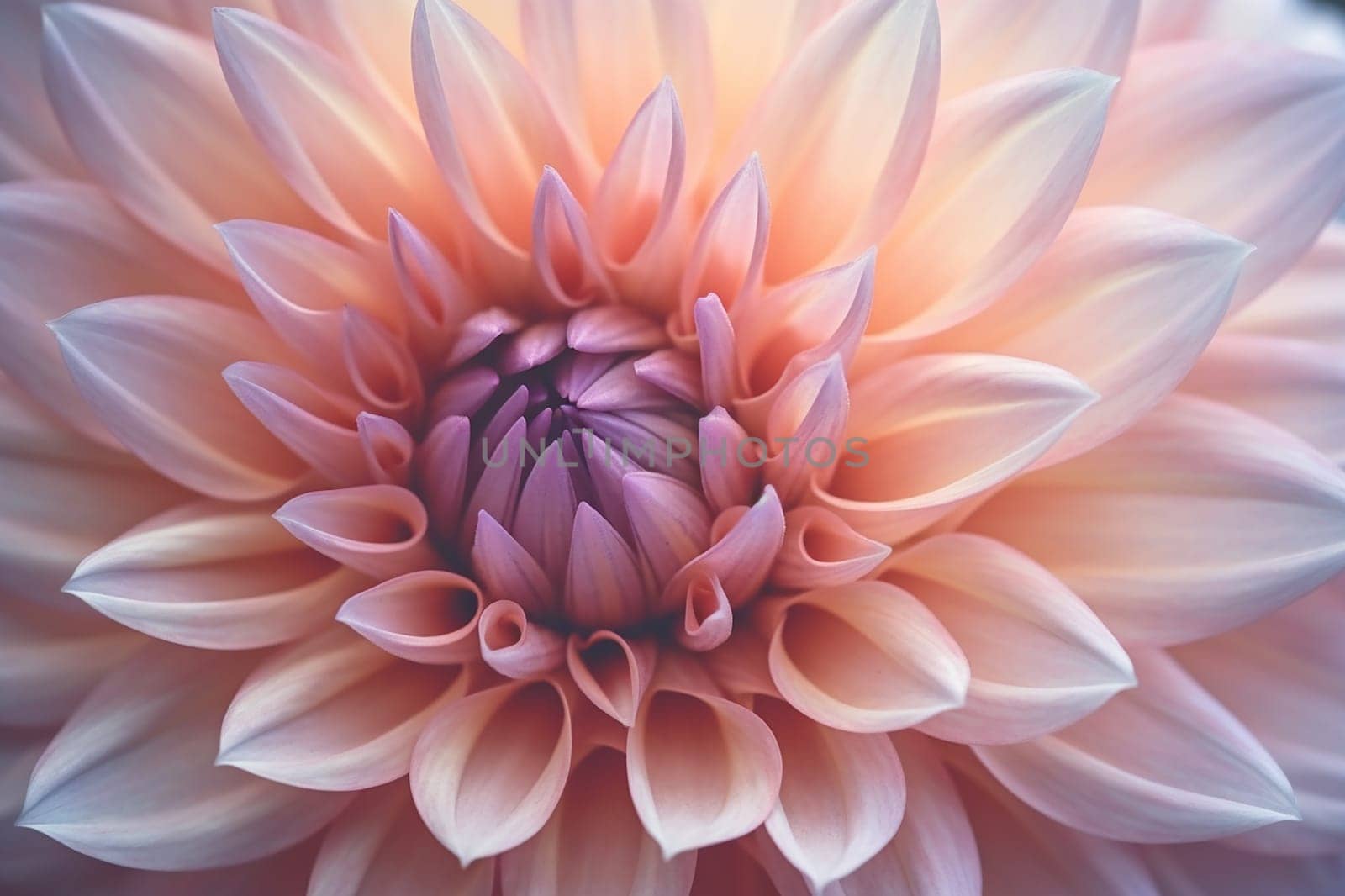 Close-up of a vibrant dahlia flower with soft pastel colors.