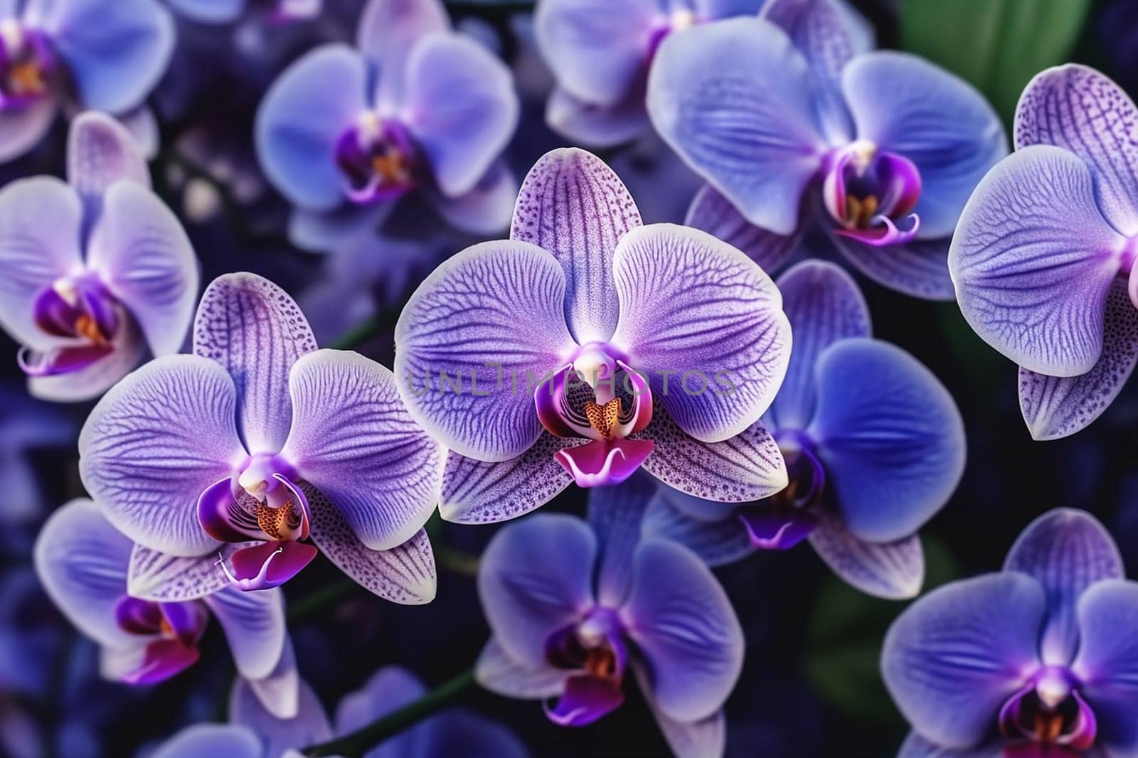 Close-up of vibrant purple and white orchids with delicate patterns.