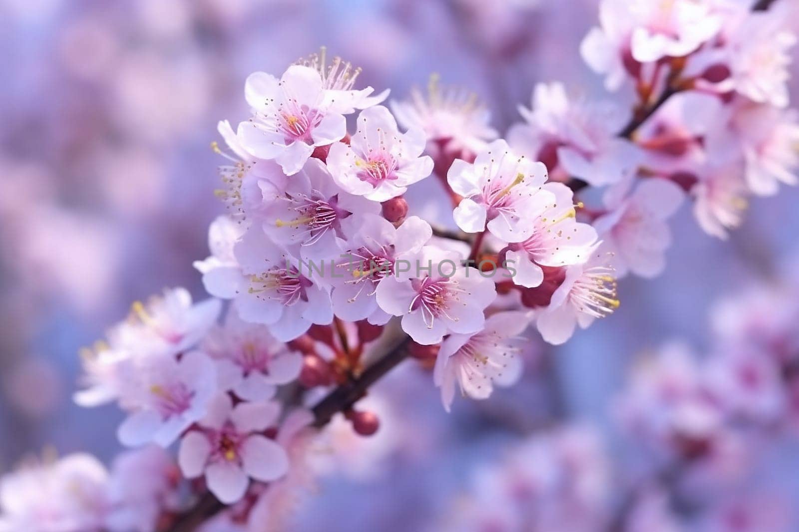 Close up of pink cherry blossoms in bloom against a soft focus background. by Hype2art