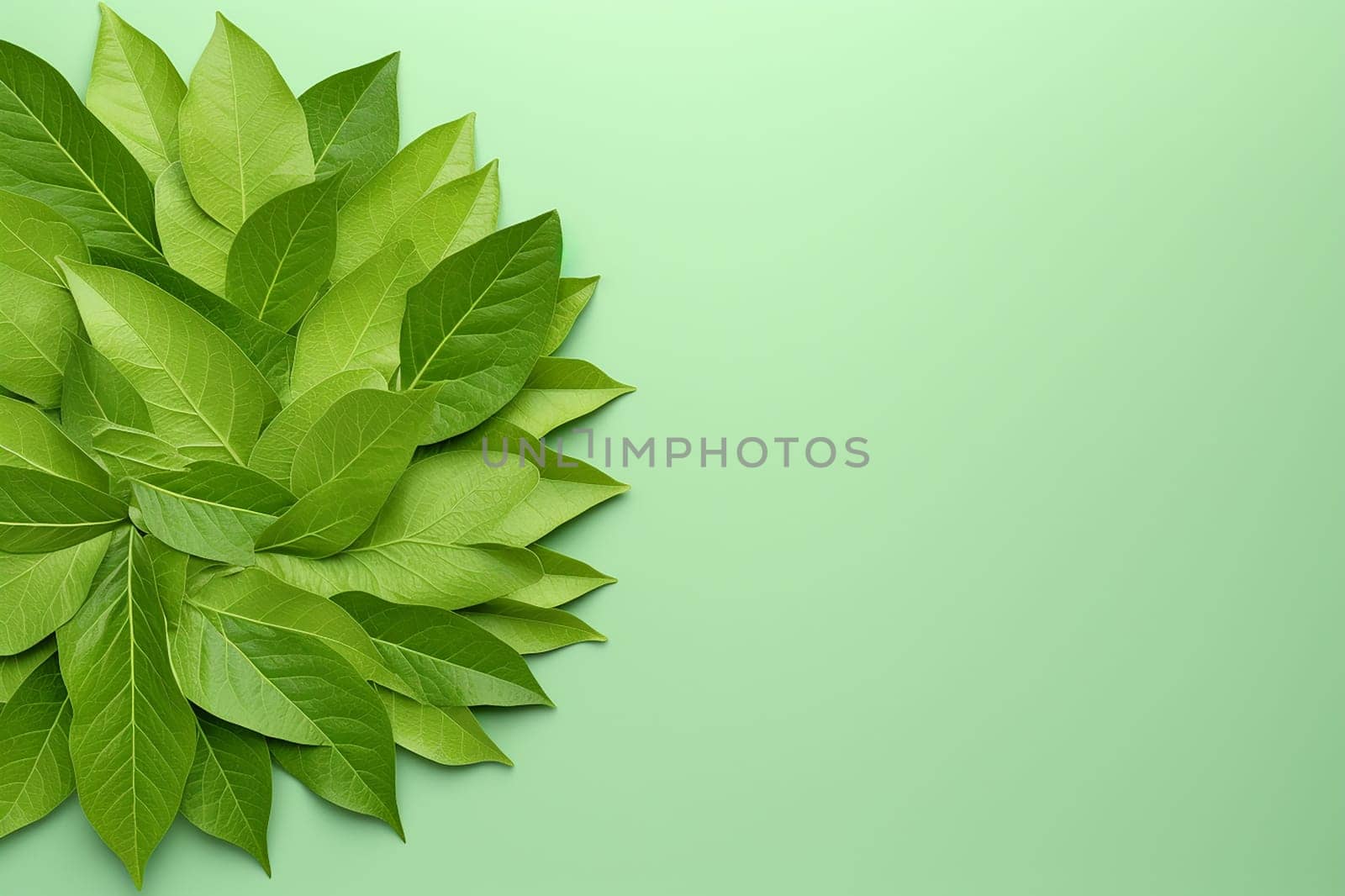 Multiple overlapping green leaves on a soft green background. by Hype2art