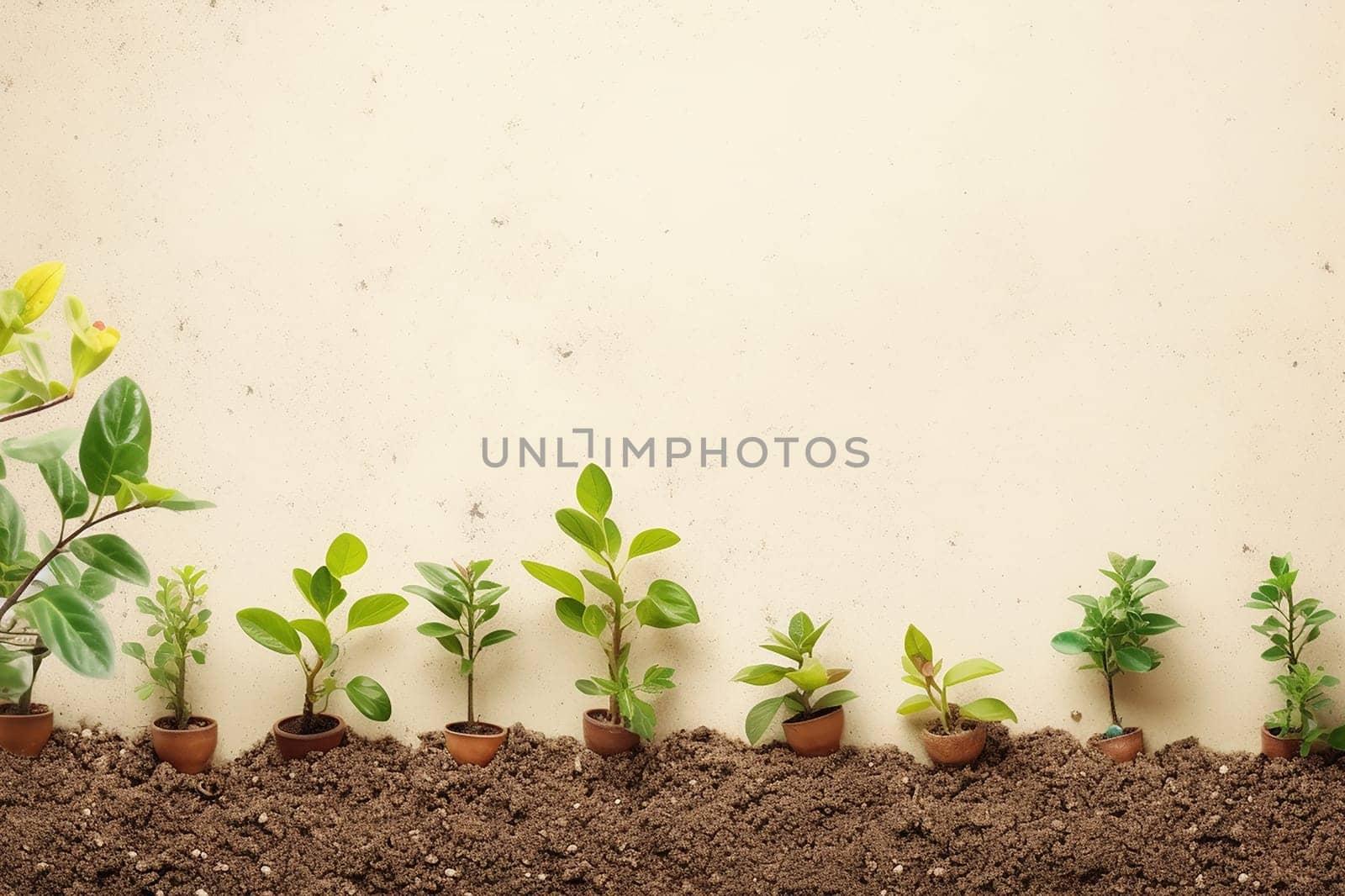 Gradual growth stages of plants in soil with a plain background.